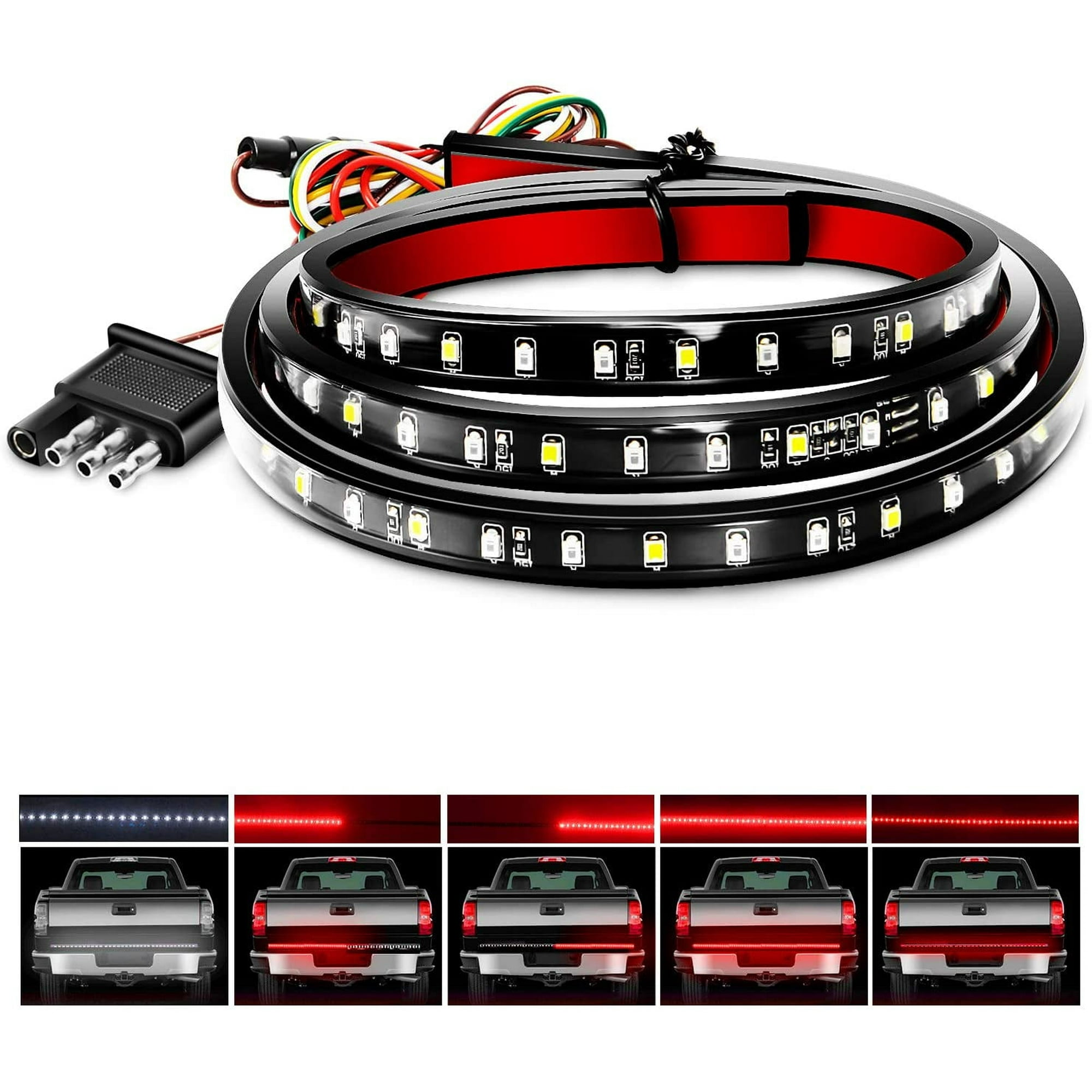 LED-Streifen mit Anhängerstecker und LKW-Heckansicht mit weißen und roten Lichtern.