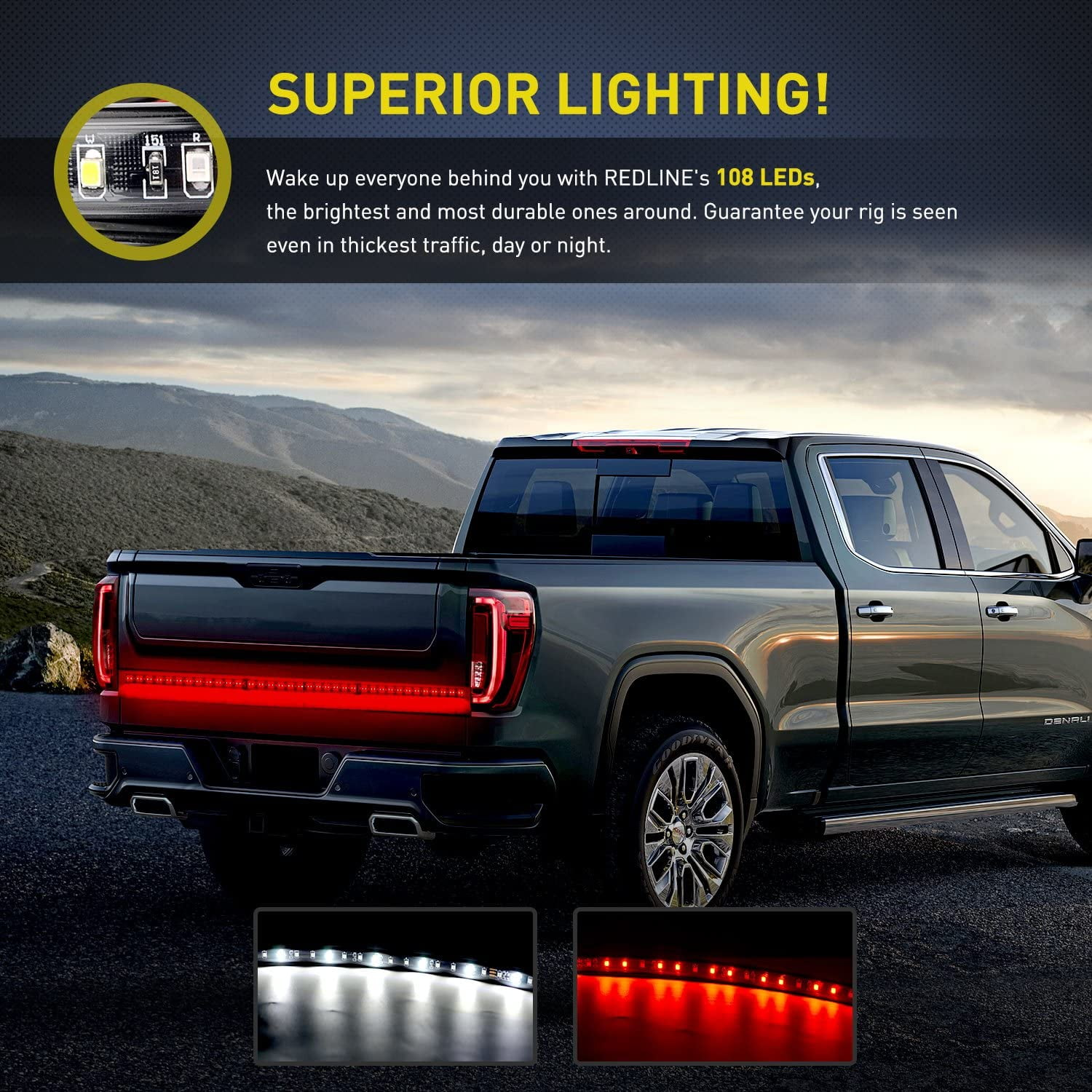 Dunkelgrüner Pickup mit leuchtendem rotem LED-Lichtbalken am Heck.