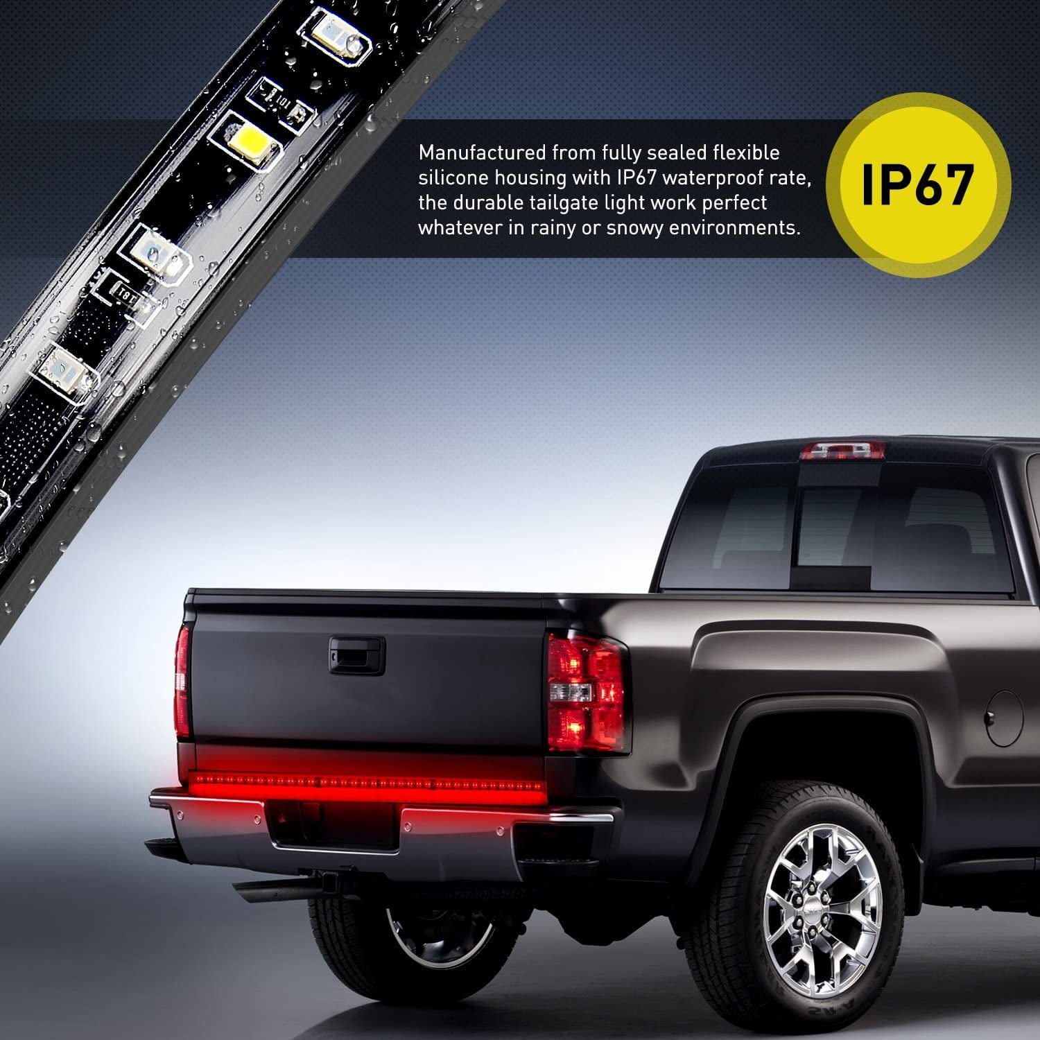 Ein schwarzer Pickup mit roten LED-Heckleuchten und IP67-Siegel.