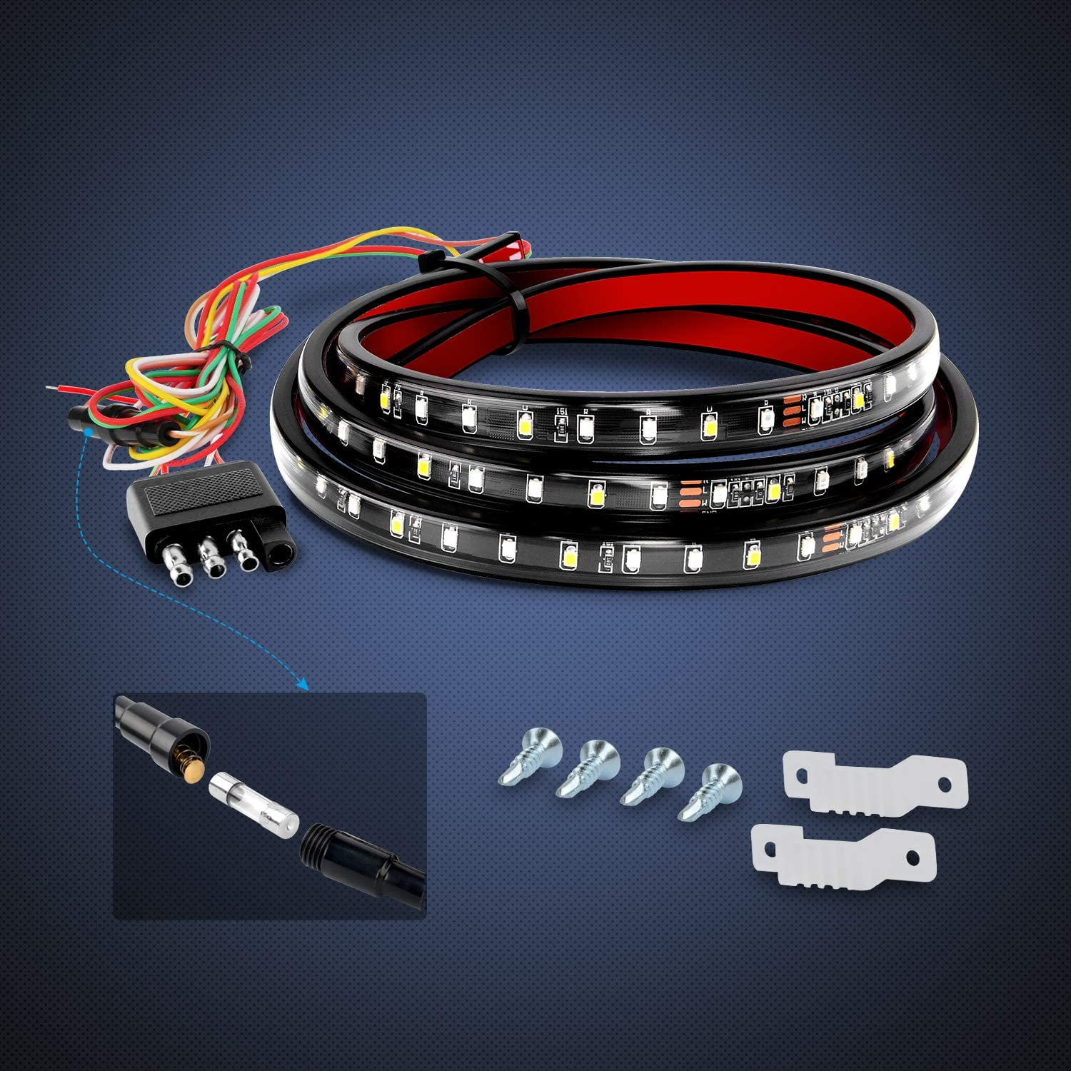 LED-Streifen mit Kabeln, Anschlüssen, Schrauben und Halterungen.