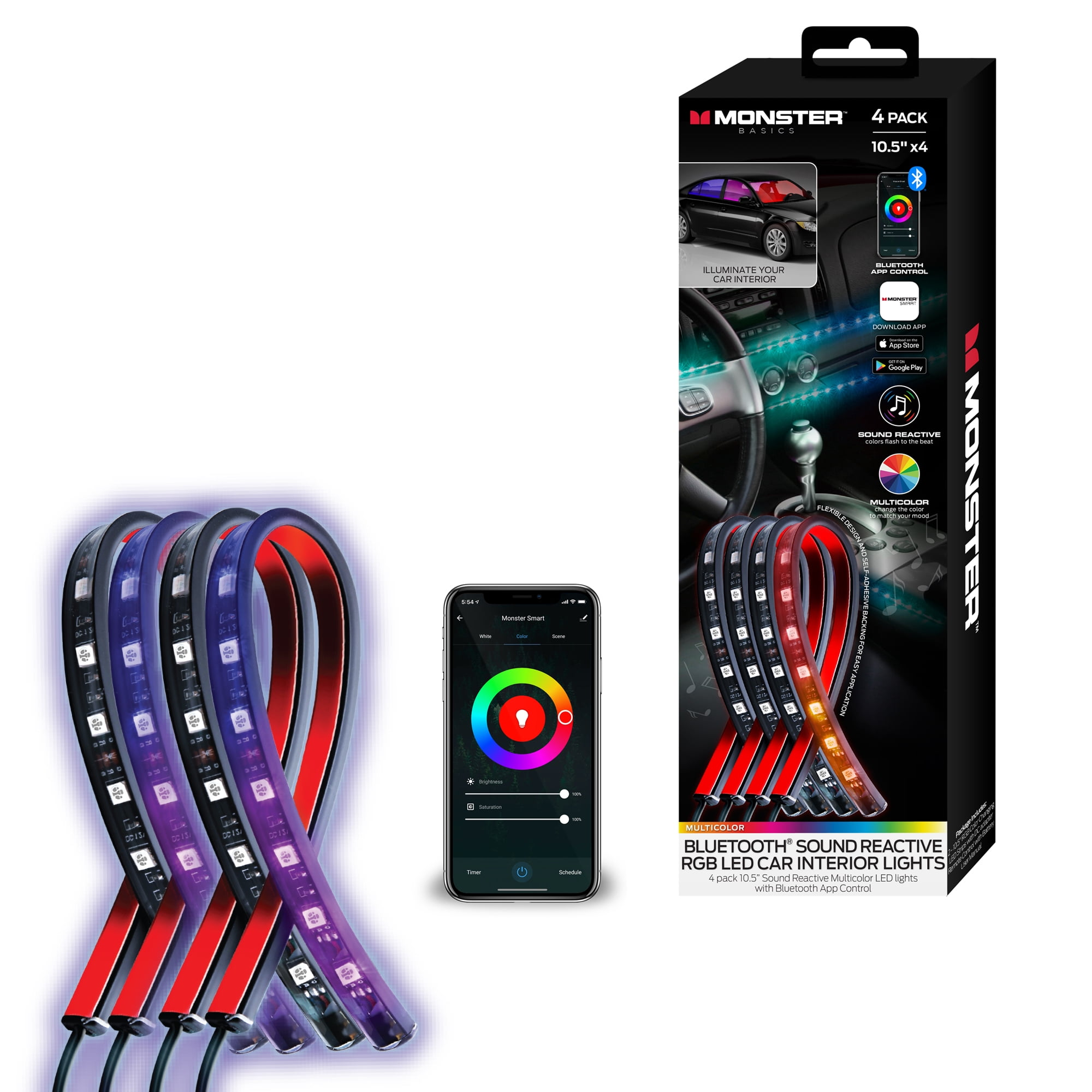 Vier Monster RGB LED-Streifen mit App-Steuerung und Auto-Innenraum-Beleuchtung.