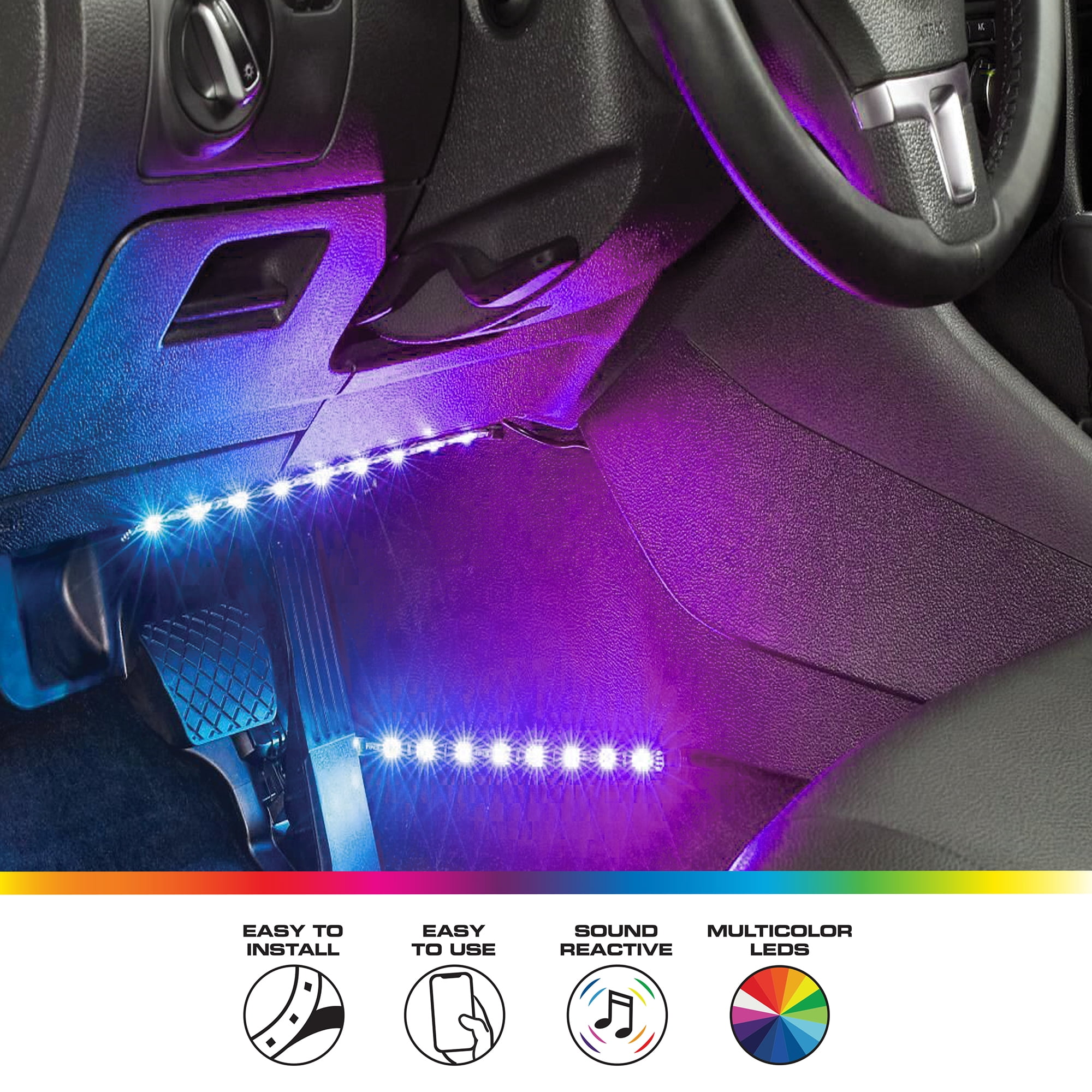 Innenraumbeleuchtung eines Autos mit blauen und lila LED-Streifen.