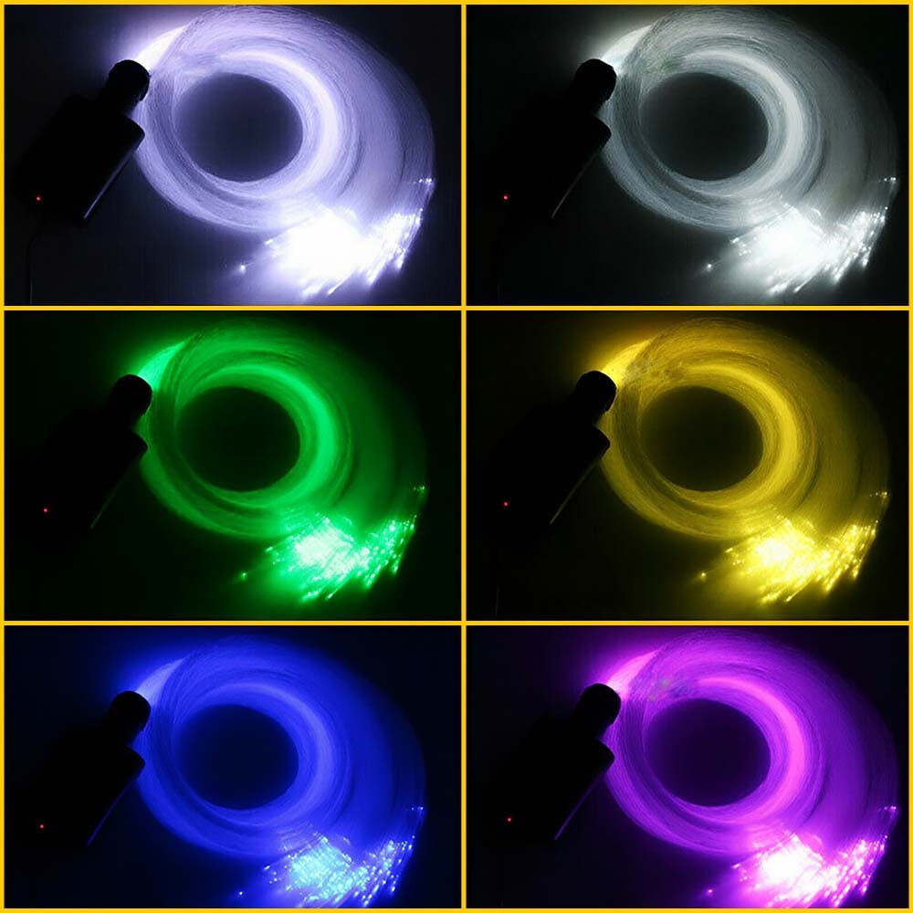 Sechs Bilder von leuchtenden Glasfaserkabeln in verschiedenen Farben.