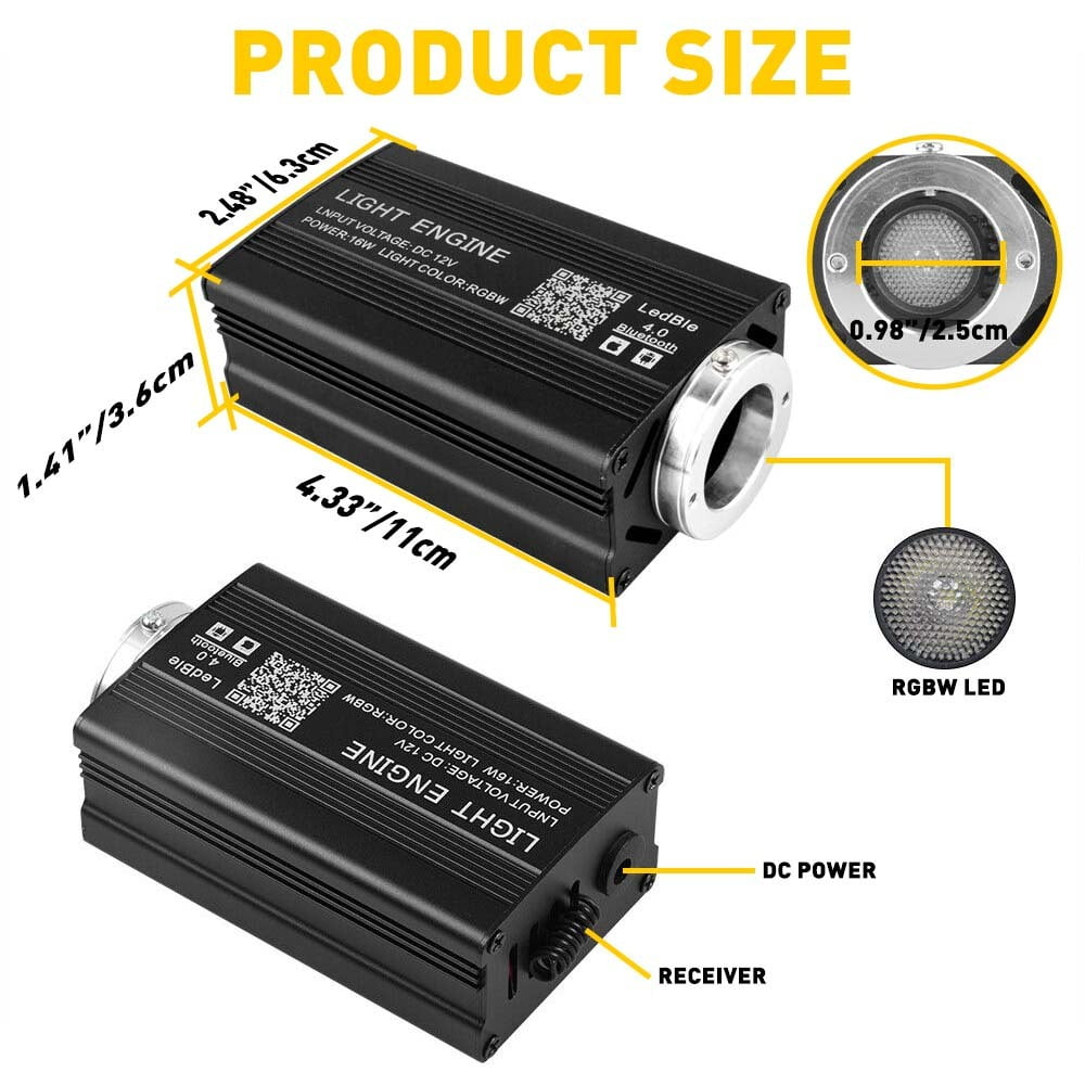 Produktgröße: Schwarze Lichtmaschinen mit Maßen und RGBW-LED.