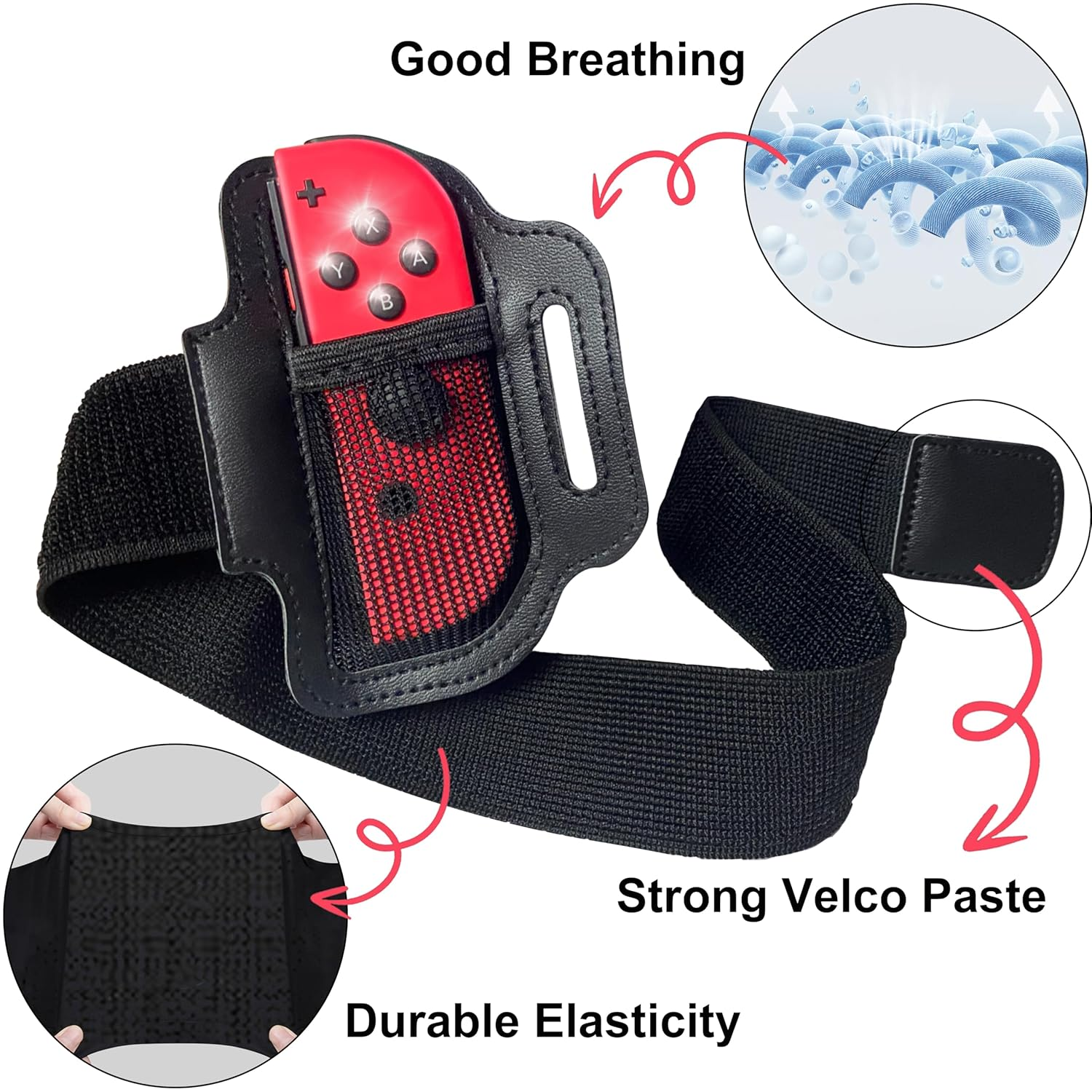 Ein Armband für Spielekonsolen mit roten Tasten und schwarzem Gurt.