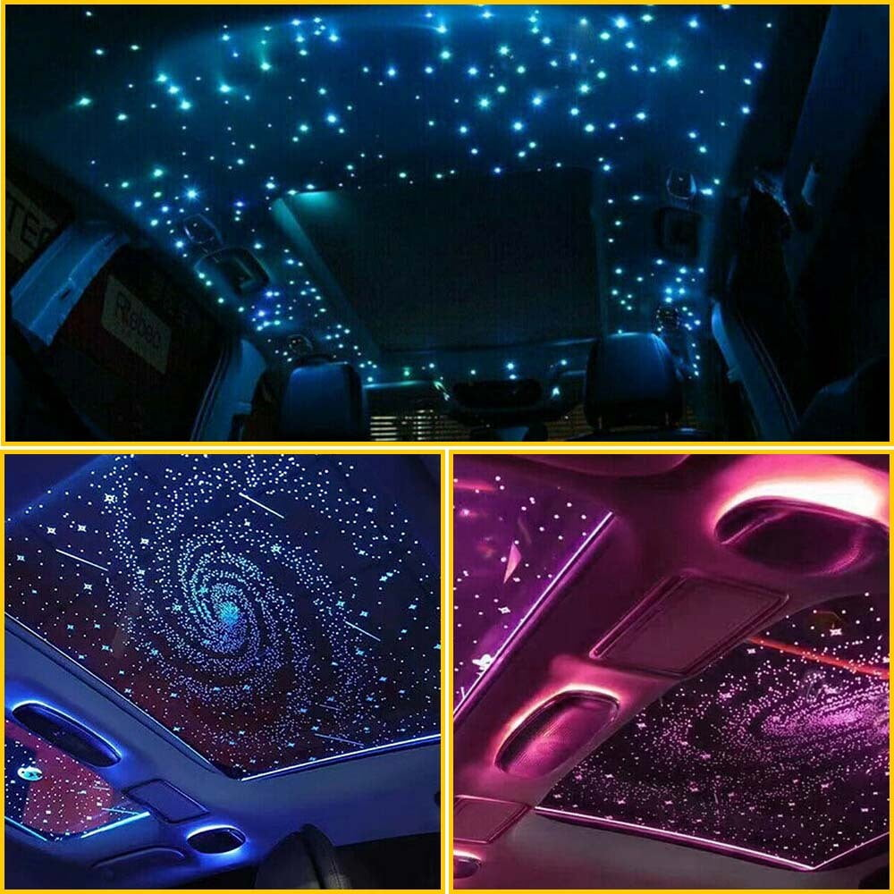 Autodachhimmel mit blauen und violetten Sternenlichtern, die einen galaktischen Effekt erzeugen.