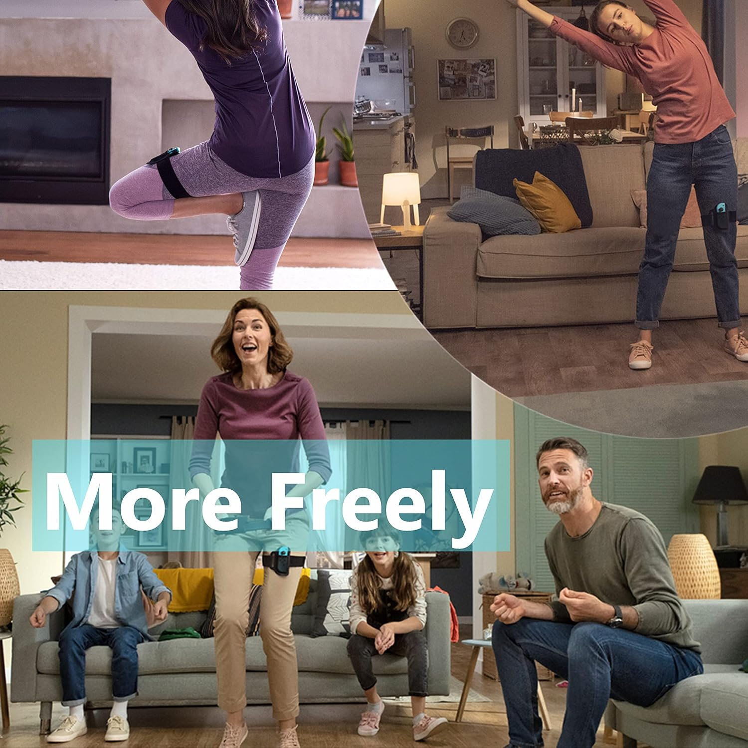Familie spielt Videospiel-Fitnessspiele im Wohnzimmer, um sich zu bewegen.