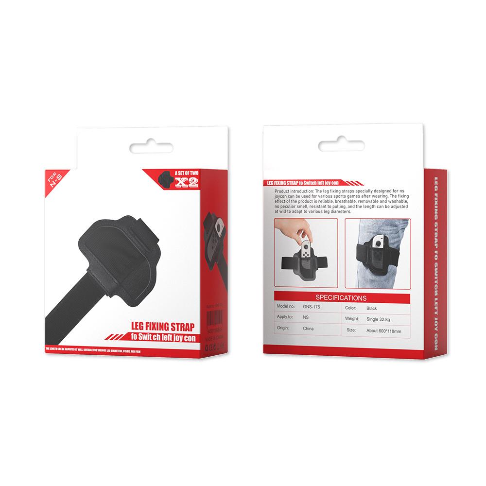 Verpackung mit zwei Beinriemen für Nintendo Switch Joy-Con. Schwarz mit roten Akzenten.
