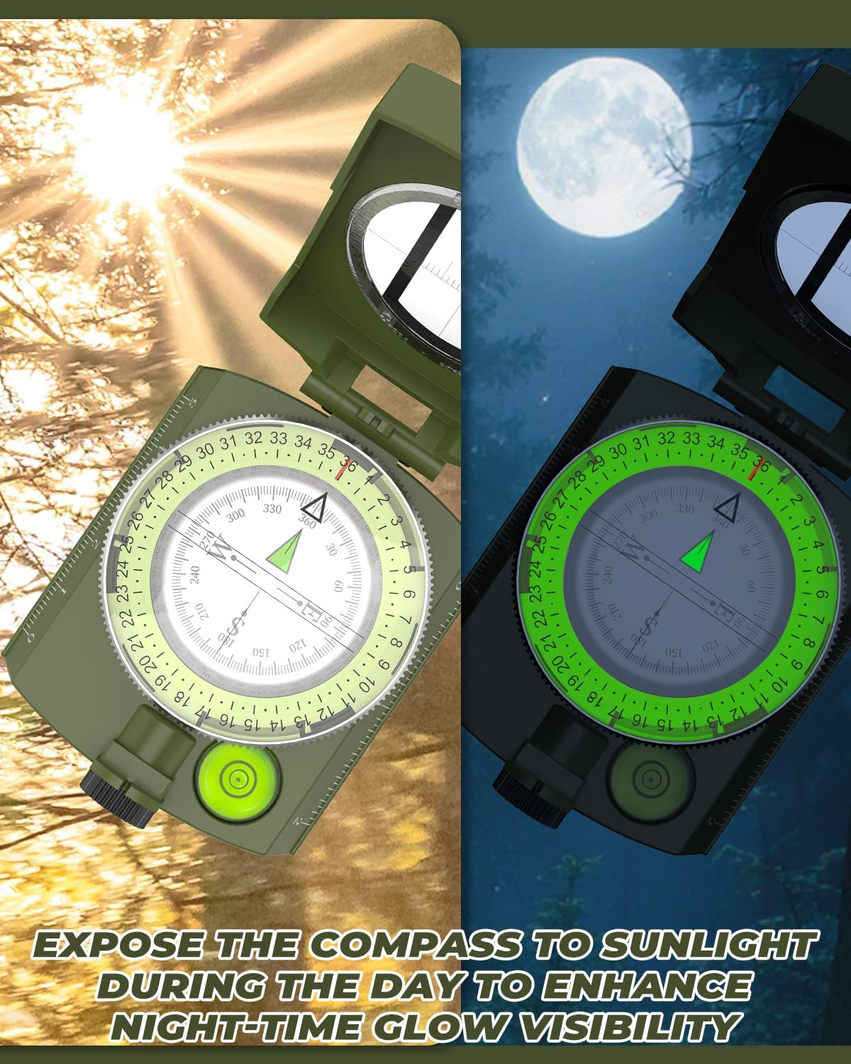 Ein grüner und ein schwarzer Kompass unter Sonne und Mond.