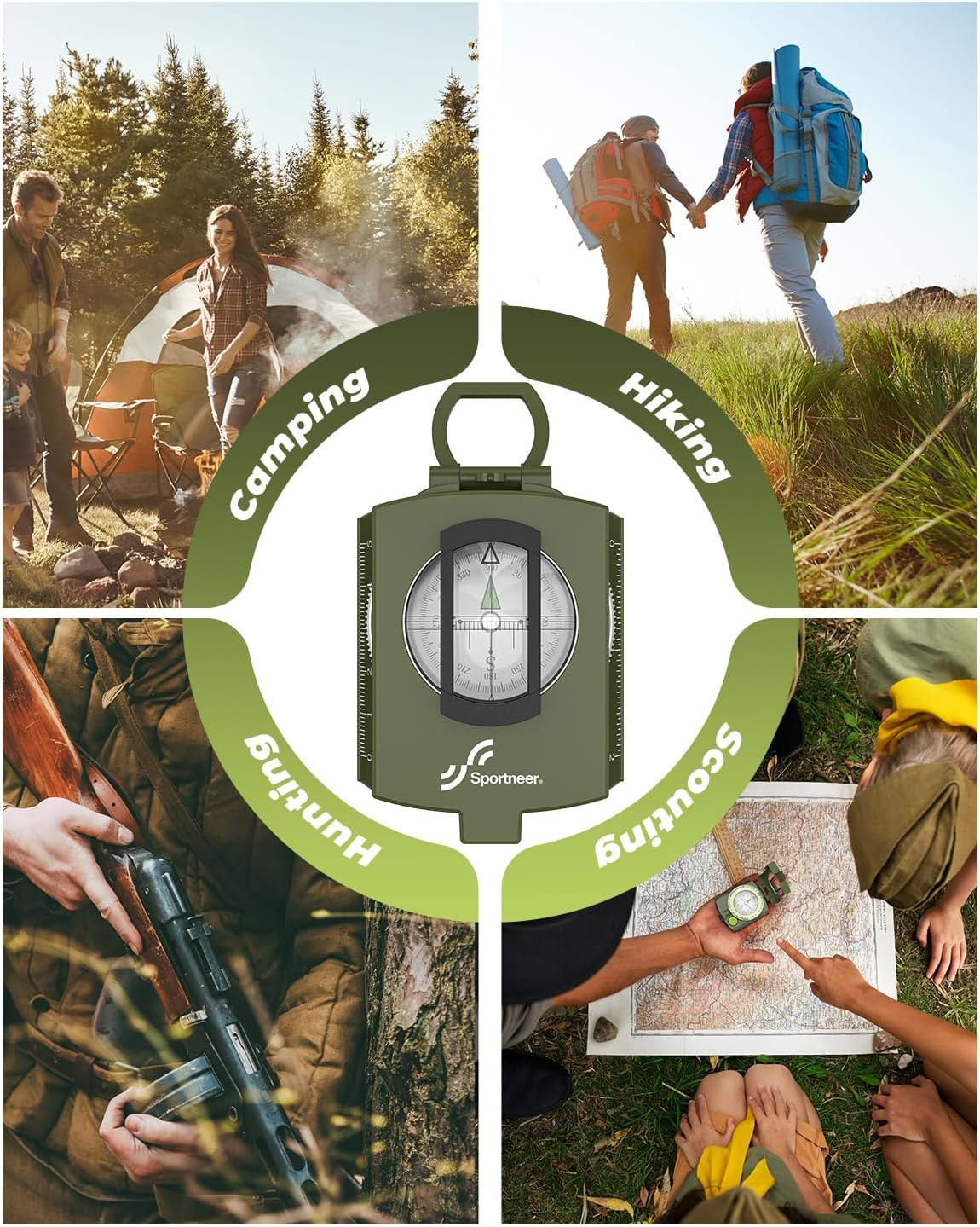 Vier Szenen: Camping, Wandern, Jagen, Spähen, mit Kompass in der Mitte.