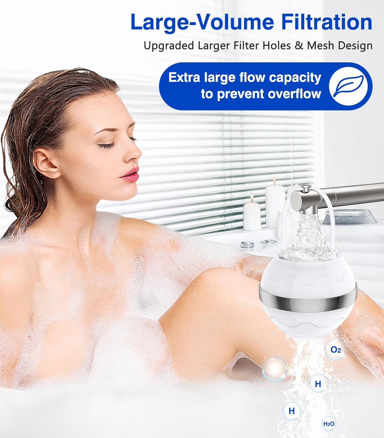 Frau in der Badewanne mit einem Filtergerät und Symbolen für H, O2 und H2O.