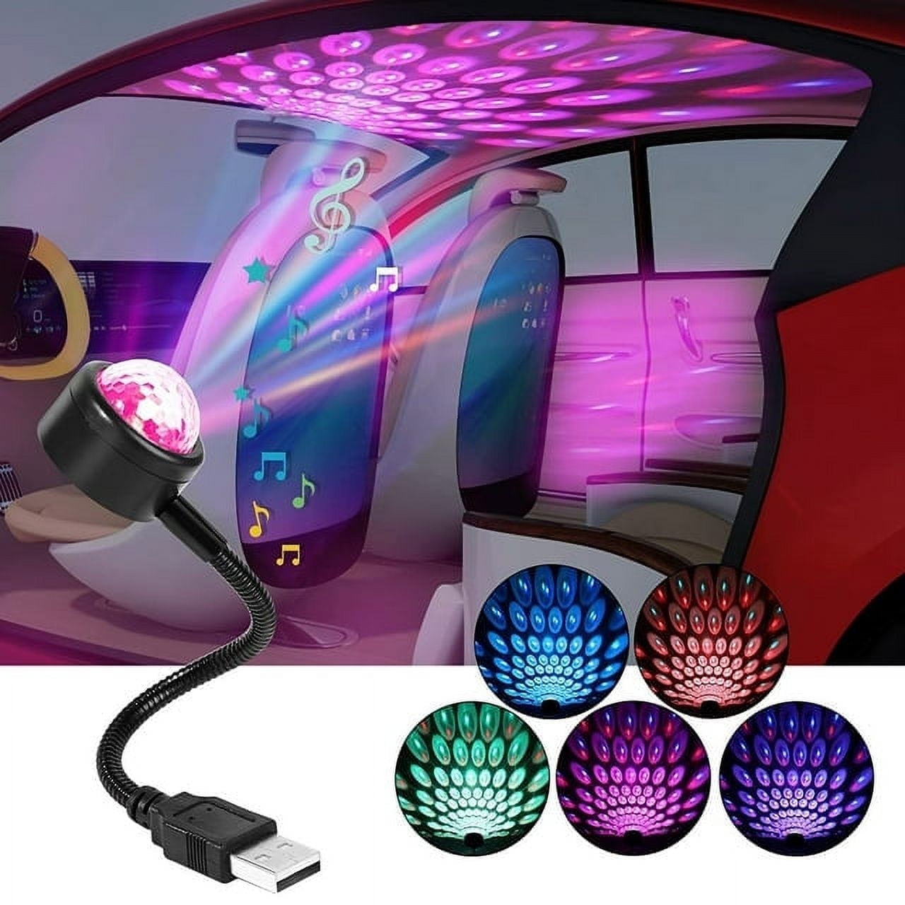 USB-Lichteffekt mit Discokugel im Auto, lila Lichtmuster.