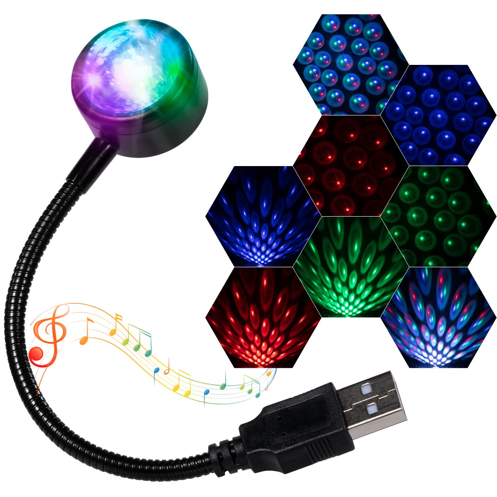 Ein USB-Lichteffektprojektor mit flexibler Halterung und Musiknoten.