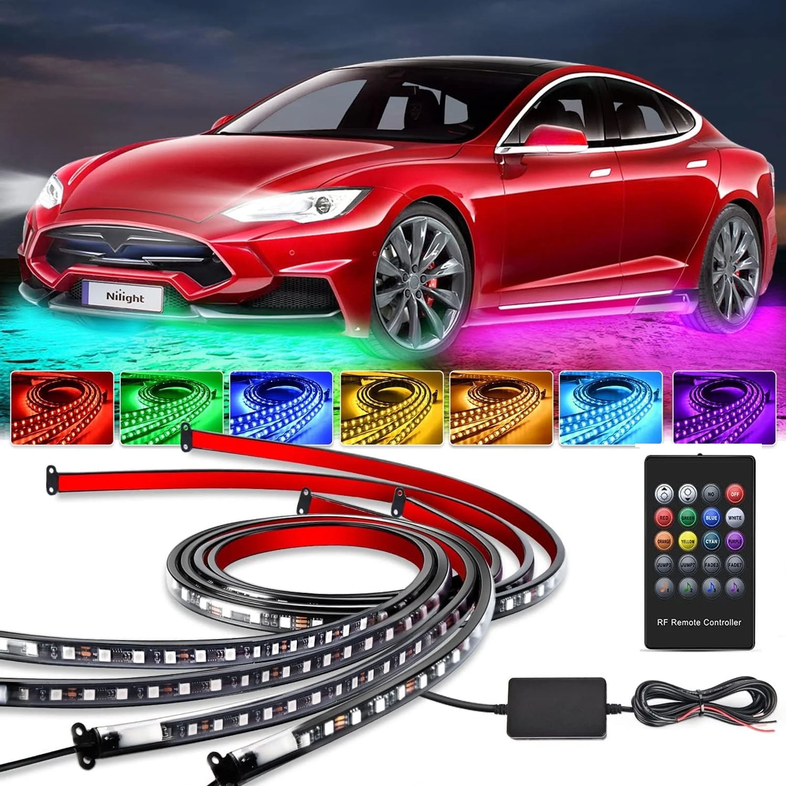 Rotes Auto mit bunten Unterbodenbeleuchtungen, LED-Streifen und Fernbedienung.