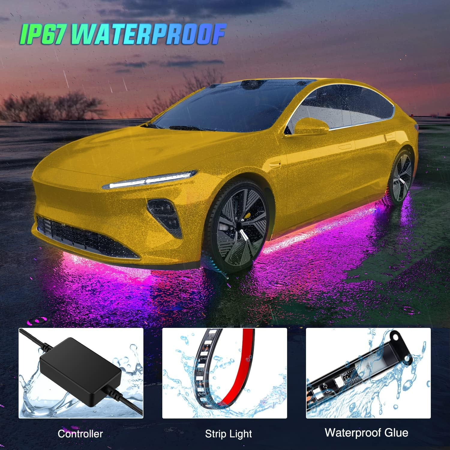 Gelbes Auto mit violetter Unterbodenbeleuchtung und IP67-Wasserdicht-Aufschrift.