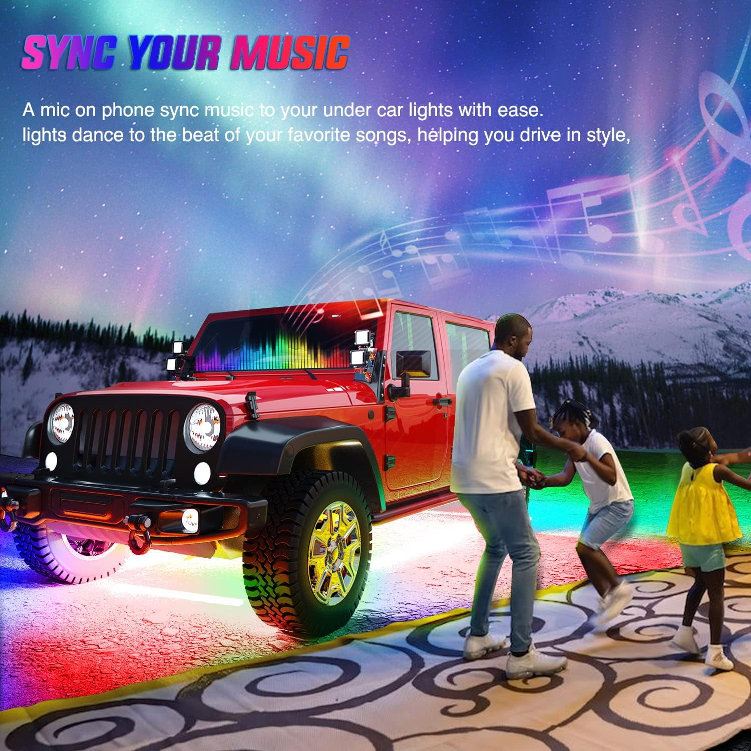 Rotes Jeep-SUV mit bunten Unterbodenlichtern und tanzenden Personen.