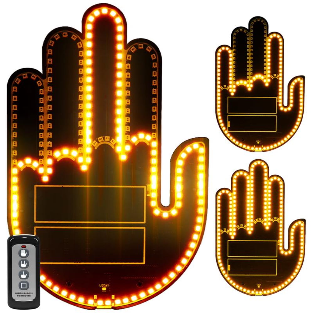 Handförmige LED-Schilder in Gelb, mit Fernbedienung.