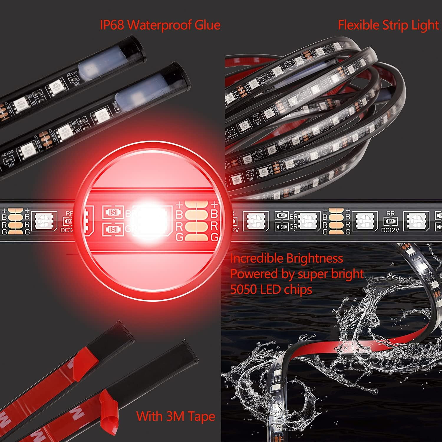 Wasserdichter Kleber, flexible LED-Streifen mit 3M Klebeband und heller Beleuchtung.