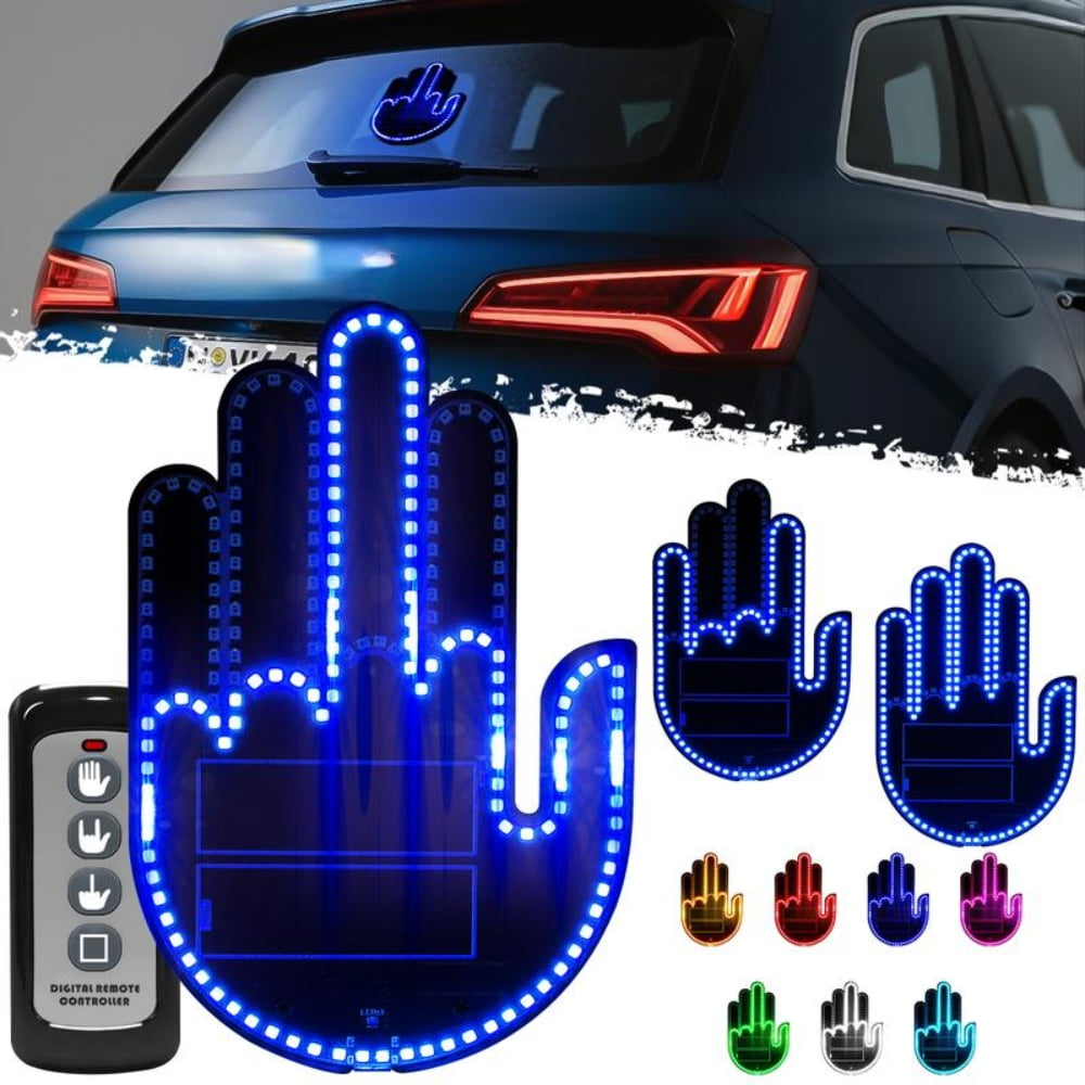 Blaue LED-Handform-Leuchten mit Fernbedienung und Autoscheiben-Aufkleber.
