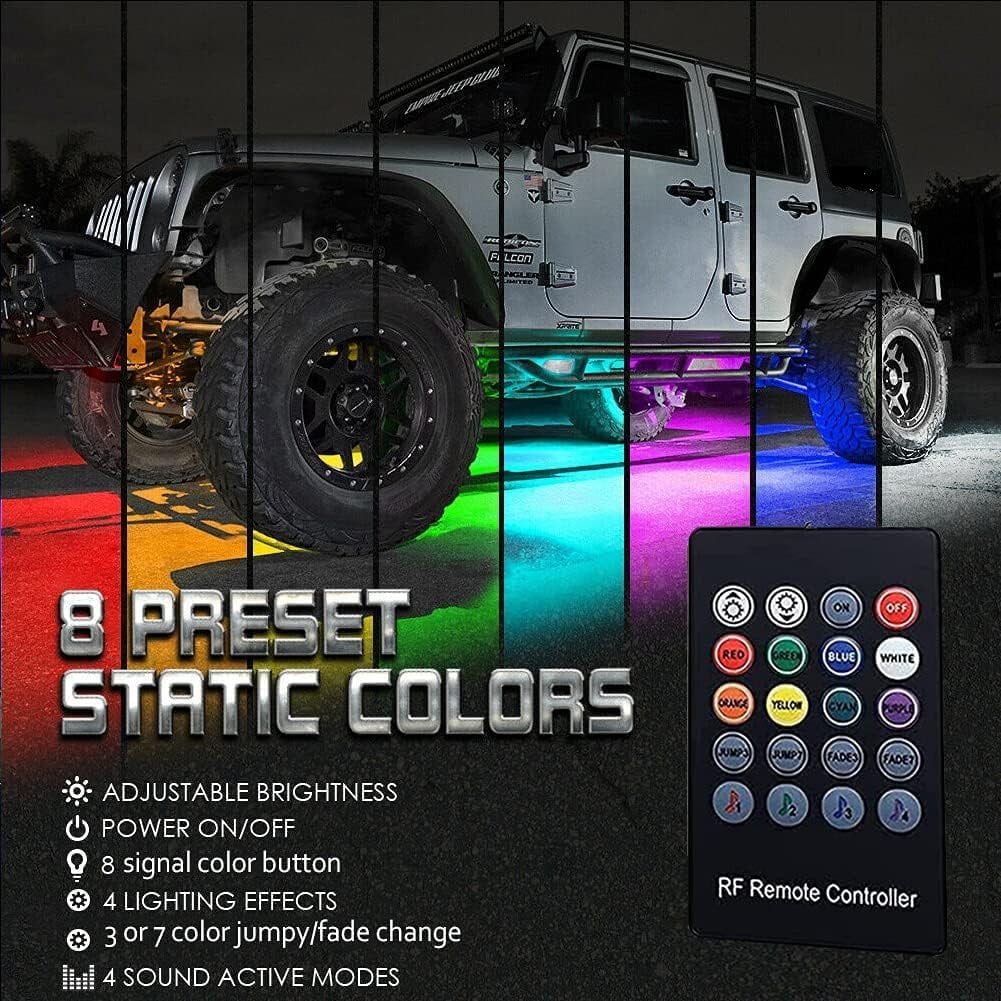 Ein silberner Jeep Wrangler mit bunter Unterbodenbeleuchtung und Fernbedienung.