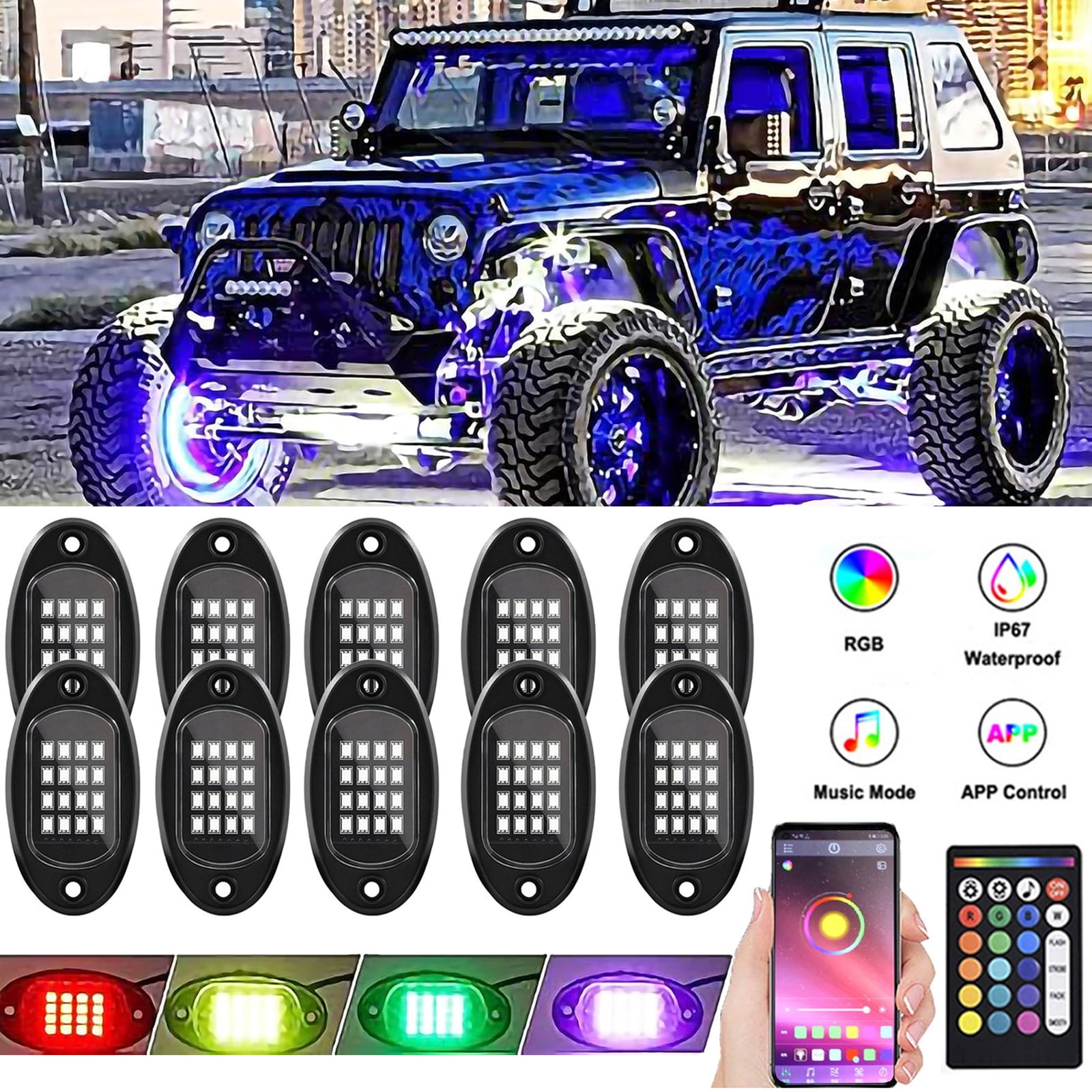 Blauer Jeep mit Unterbodenbeleuchtung, Lichter und Fernbedienung.