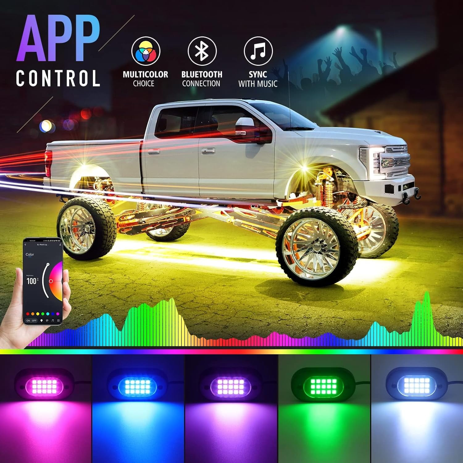 Ein weißer LKW mit LED-Beleuchtung, App-Steuerung und Musik-Synchronisation.