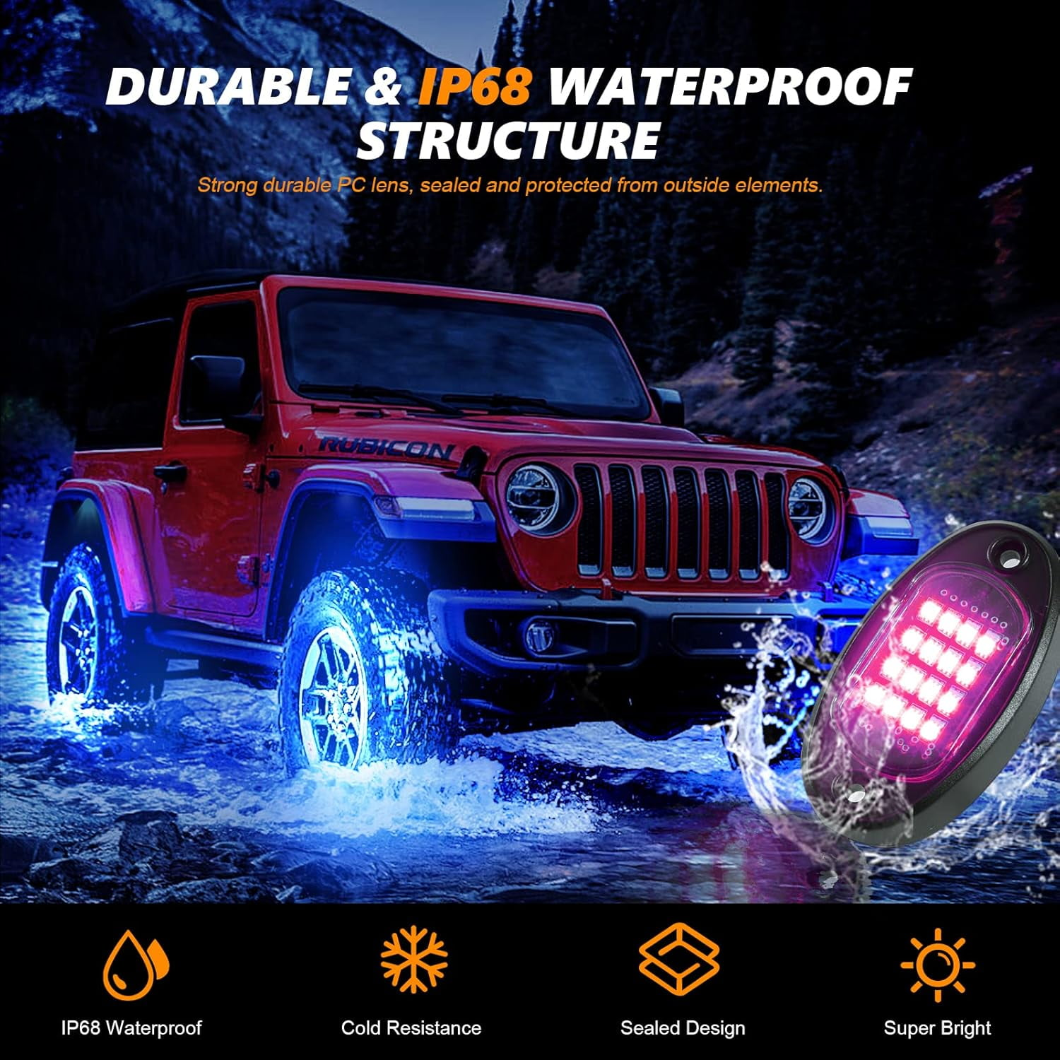 Roter Jeep fährt durch Wasser; blaue Lichter. Unten: Symbole für Wasserdichtigkeit.