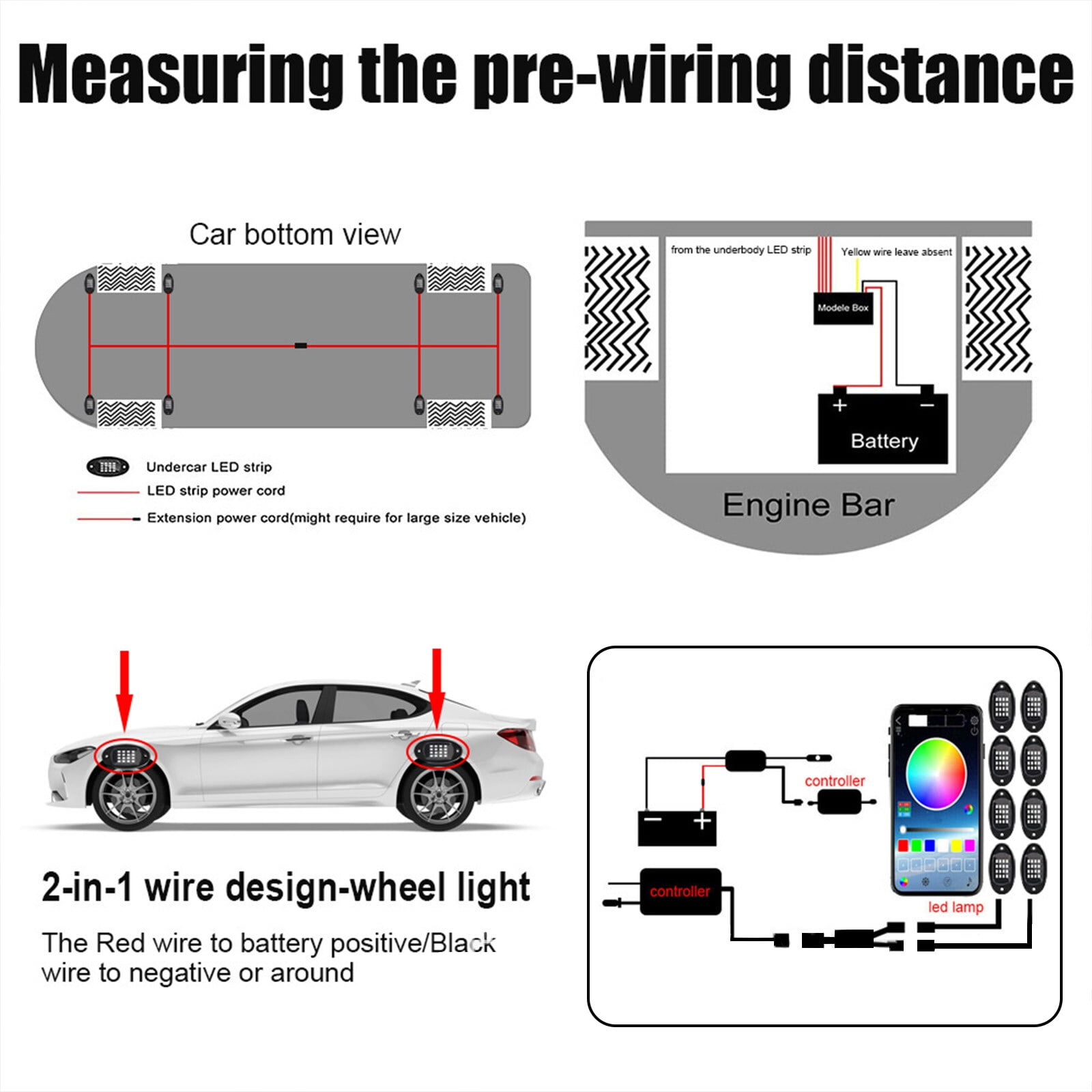 Diagramme zeigen Auto-Verkabelung für LED-Streifen, Batterie und Steuerung.