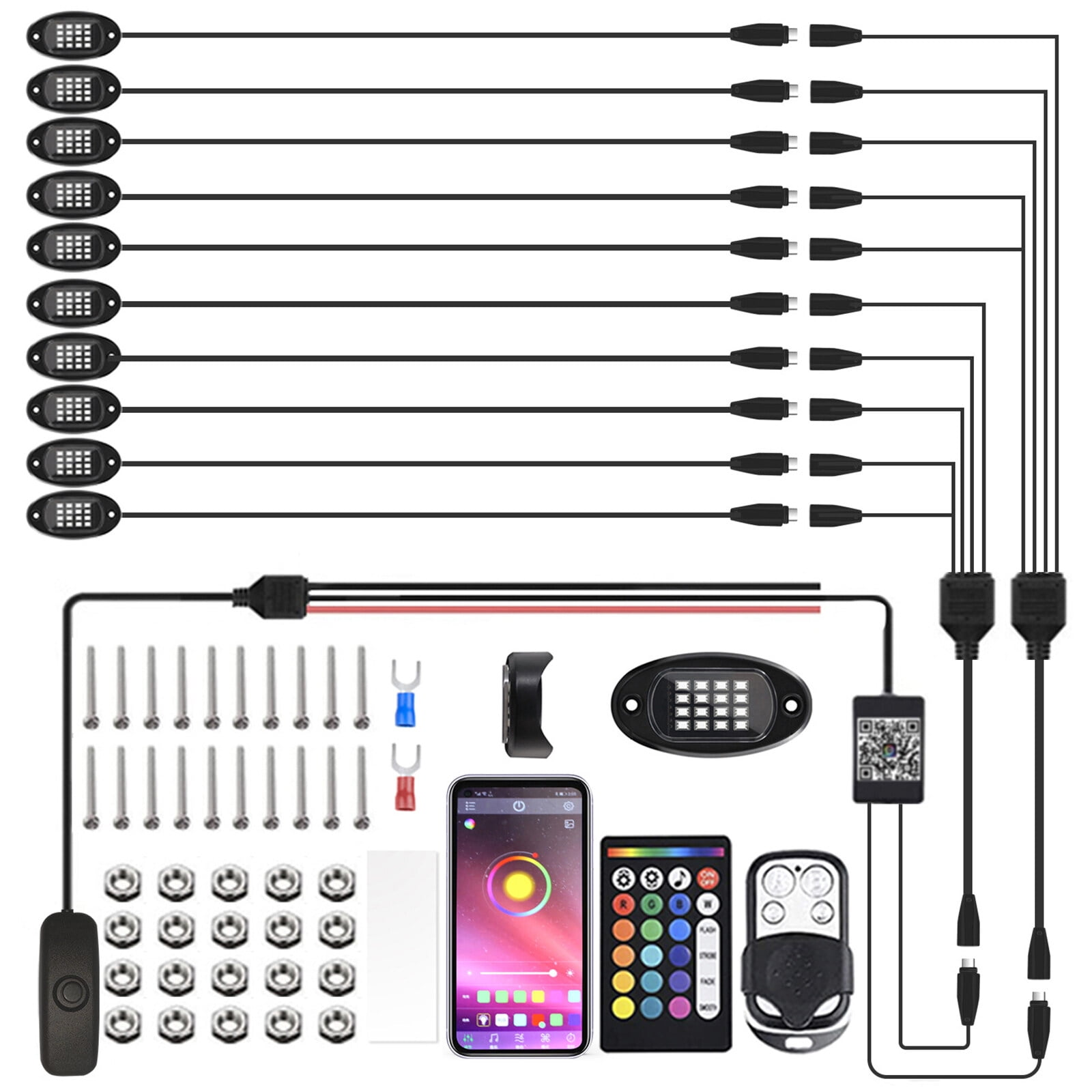 Beleuchtungs-Kit mit 10 Lichtern, Fernbedienungen, Smartphone und Zubehör.