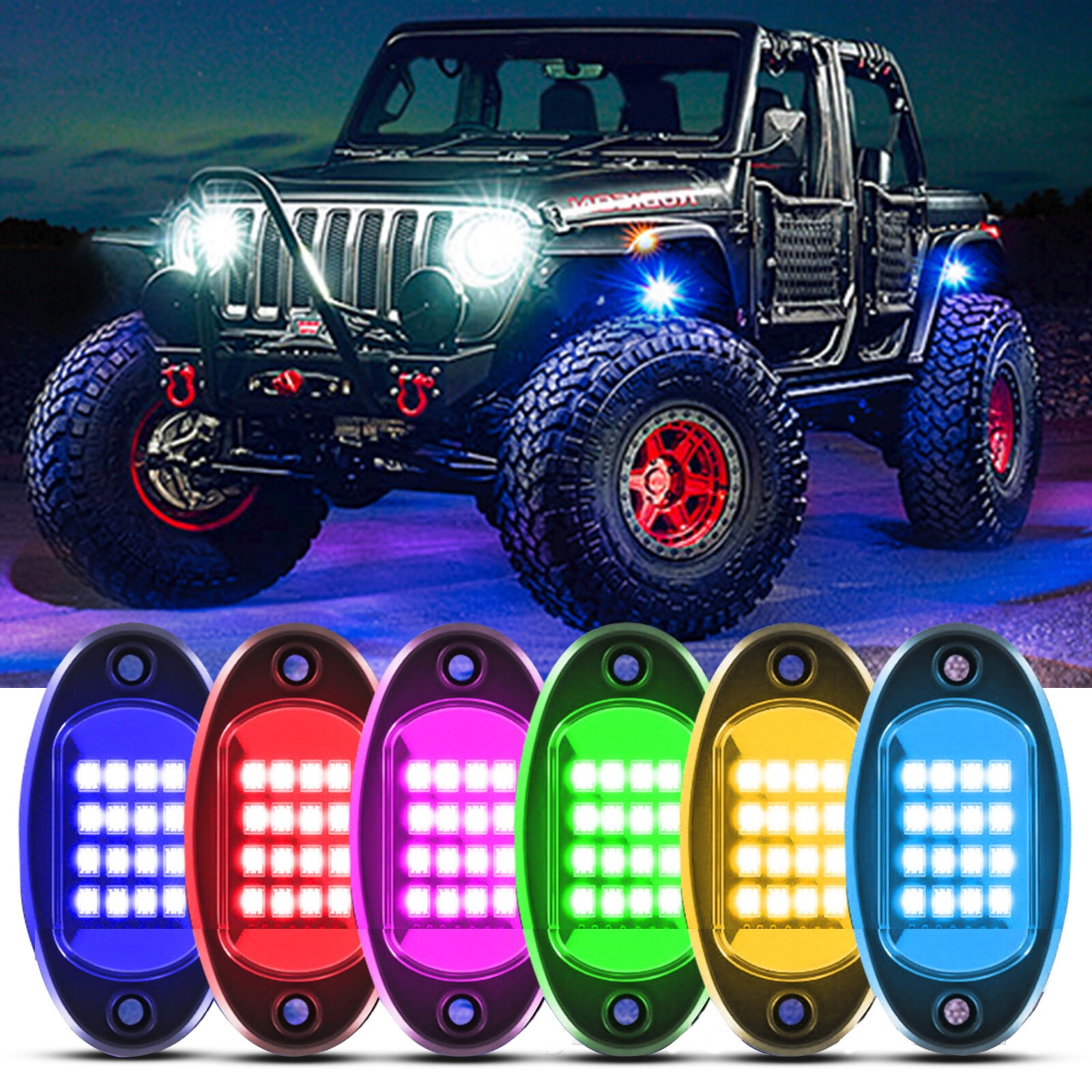 Ein schwarzer Jeep mit blauen Akzentlichtern und darunter sechs farbige LED-Pods.