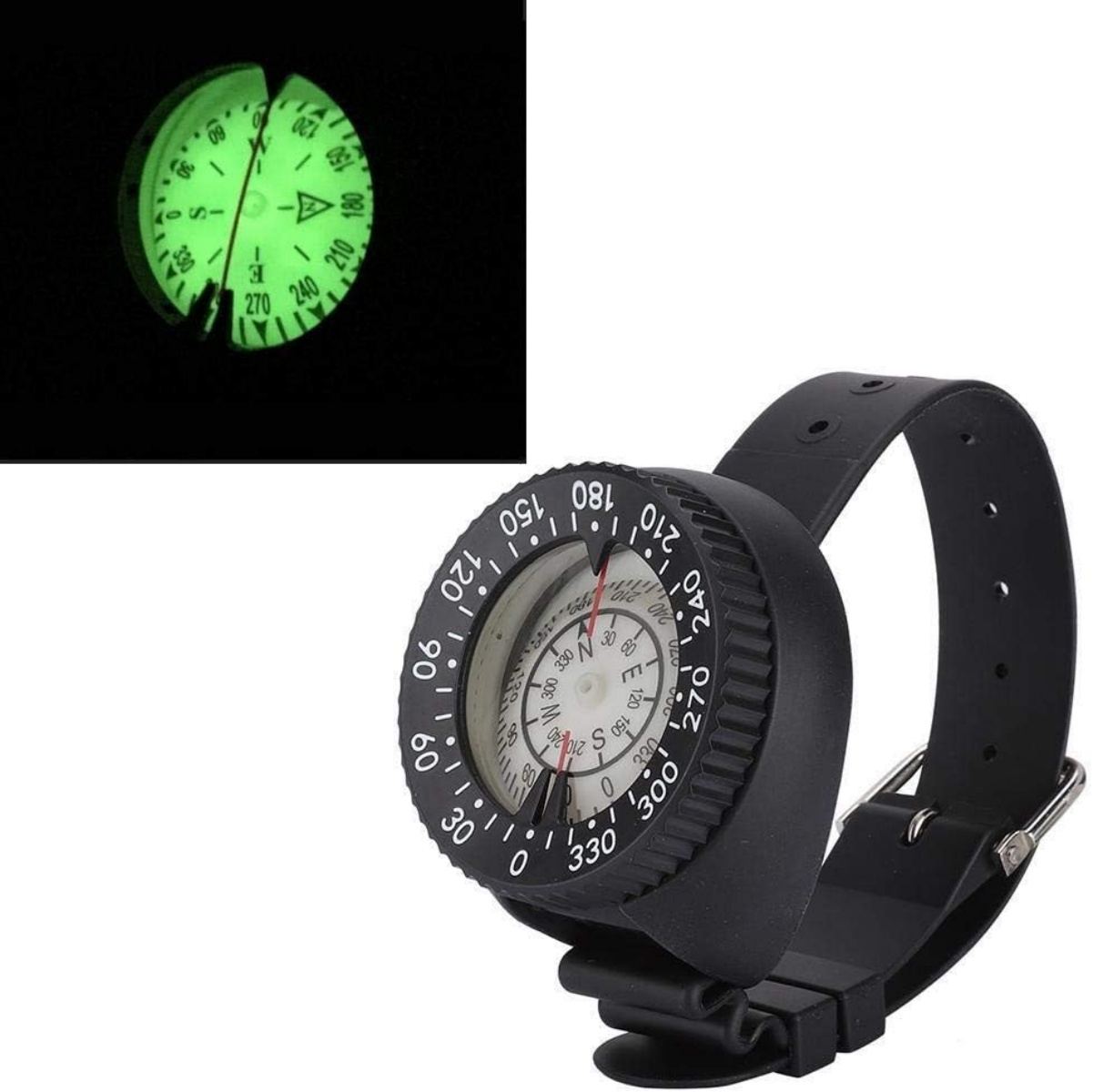 Ein Tauchkompass mit schwarzem Armband und leuchtender Skala auf schwarzem Hintergrund.