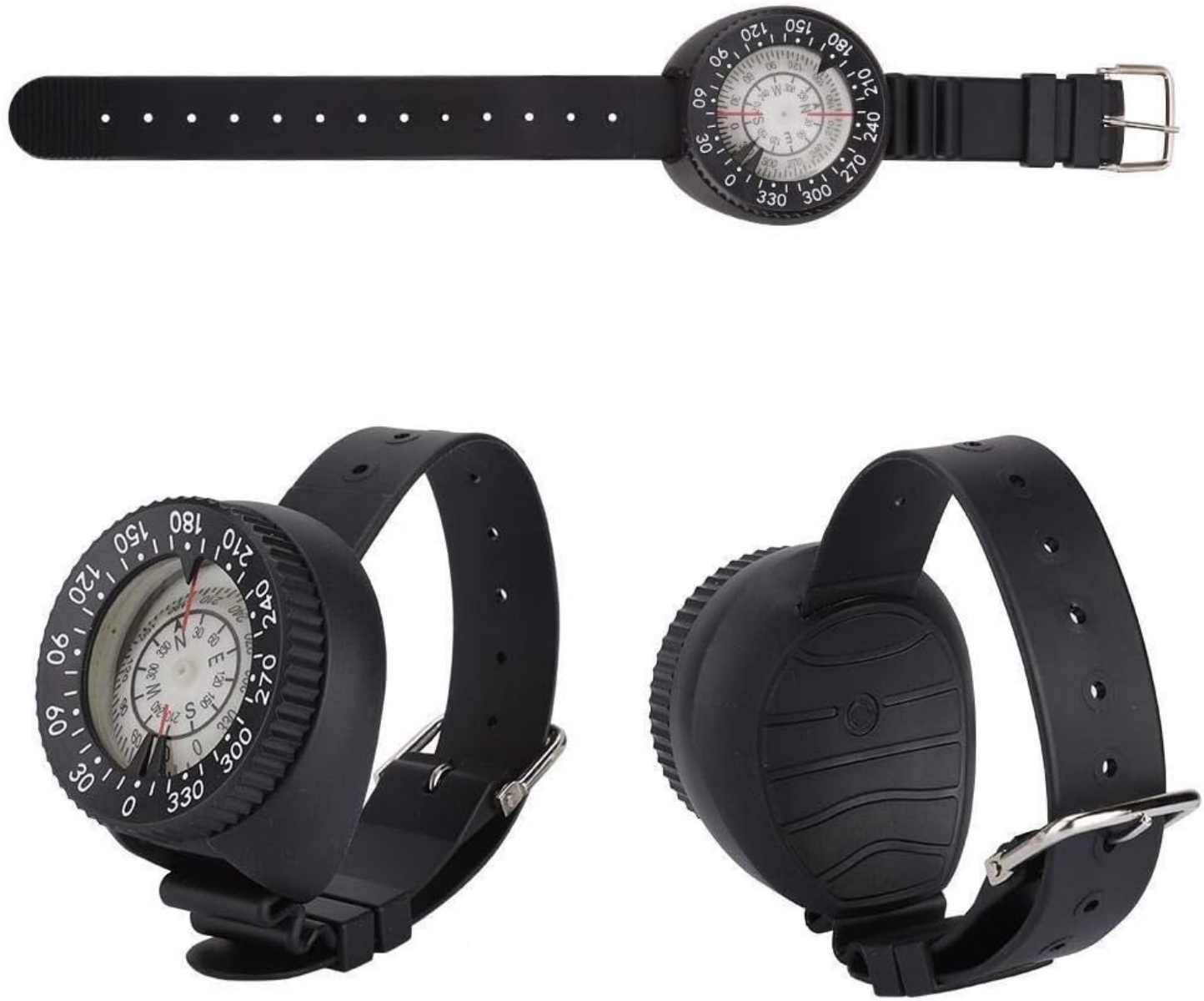 Drei schwarze Tauchkompasse mit Armband. Einer liegt flach, zwei sind seitlich.