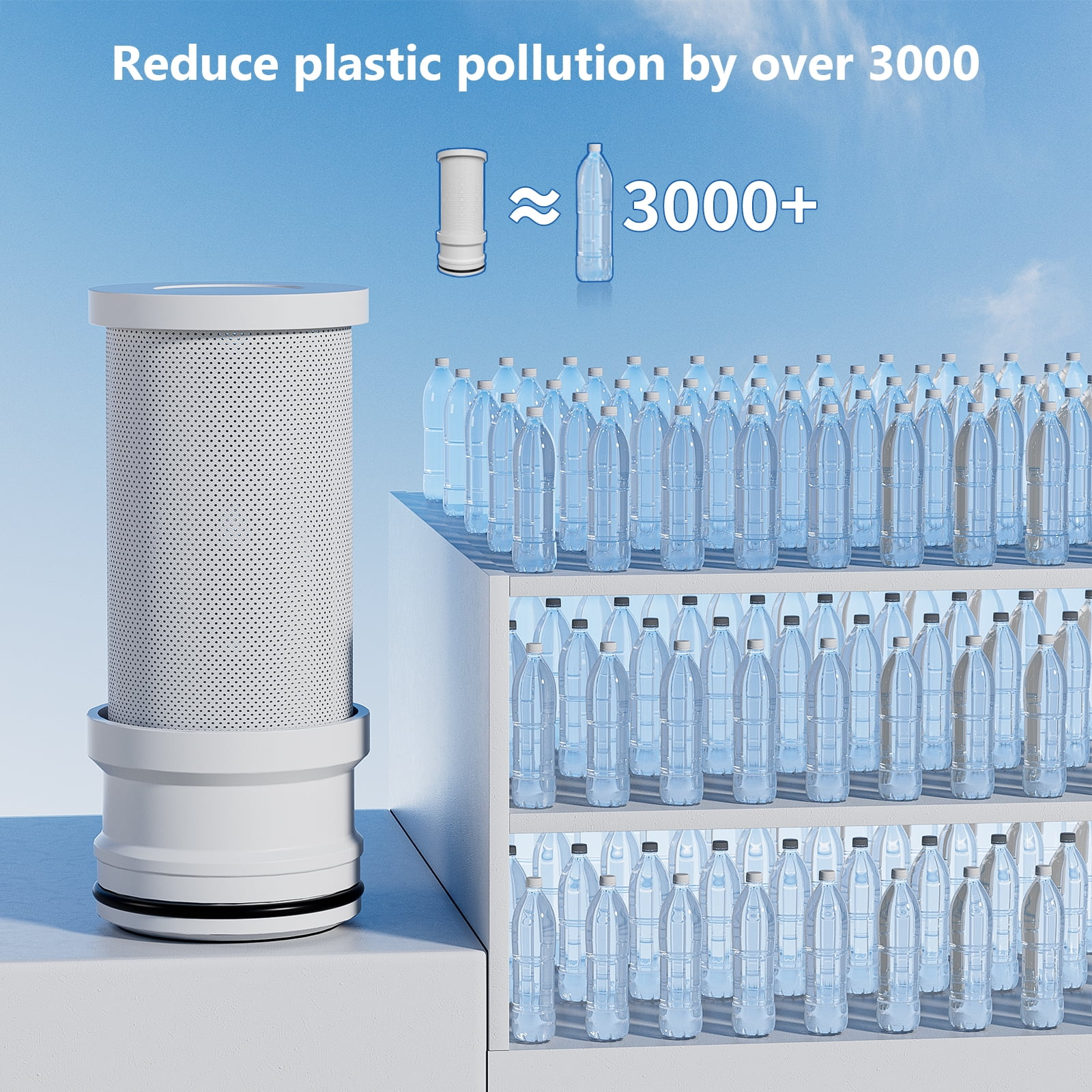 Ein großer Filter steht links, daneben eine Reihe von Wasserflaschen.