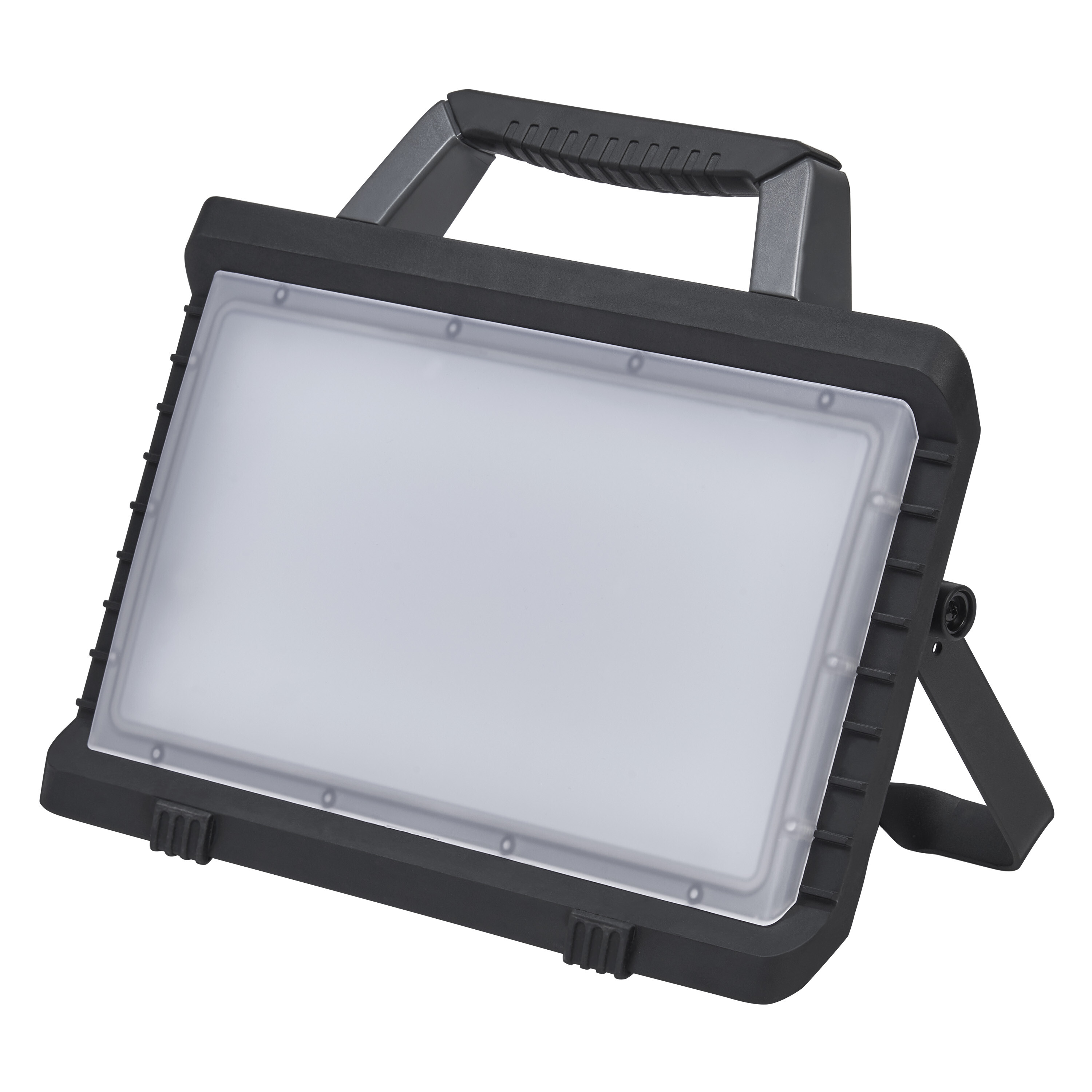 Ein schwarzer, tragbarer LED-Flutlichtstrahler mit Griff und Ständer.