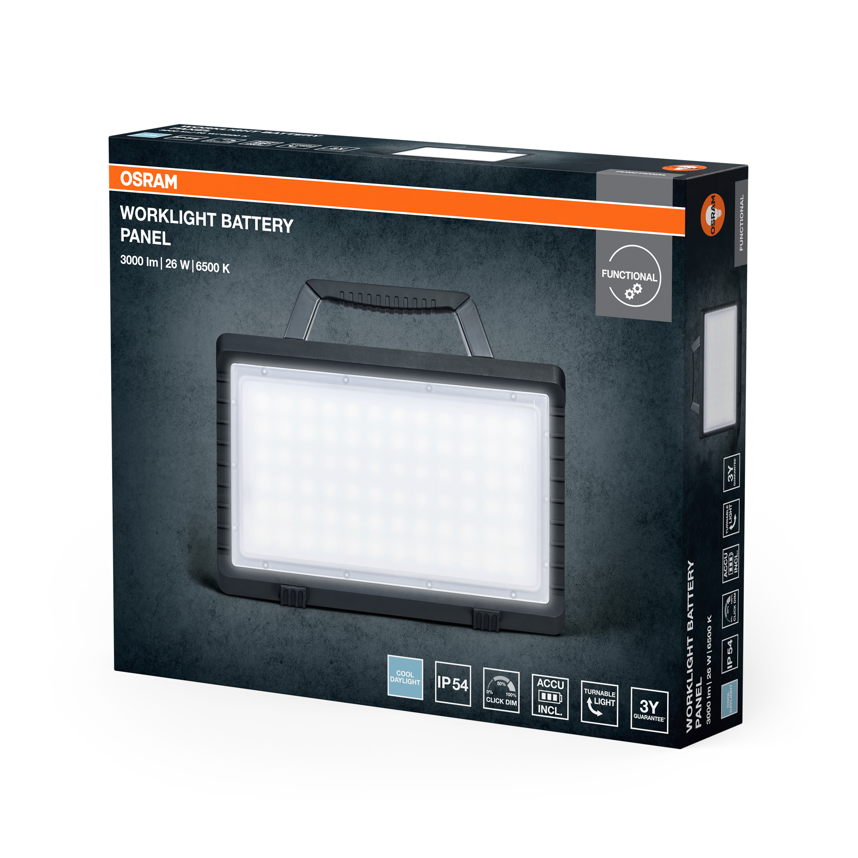 Osram Akku-Arbeitsscheinwerfer-Panel, 3000 lm, 26 W, 6500 K, IP54.