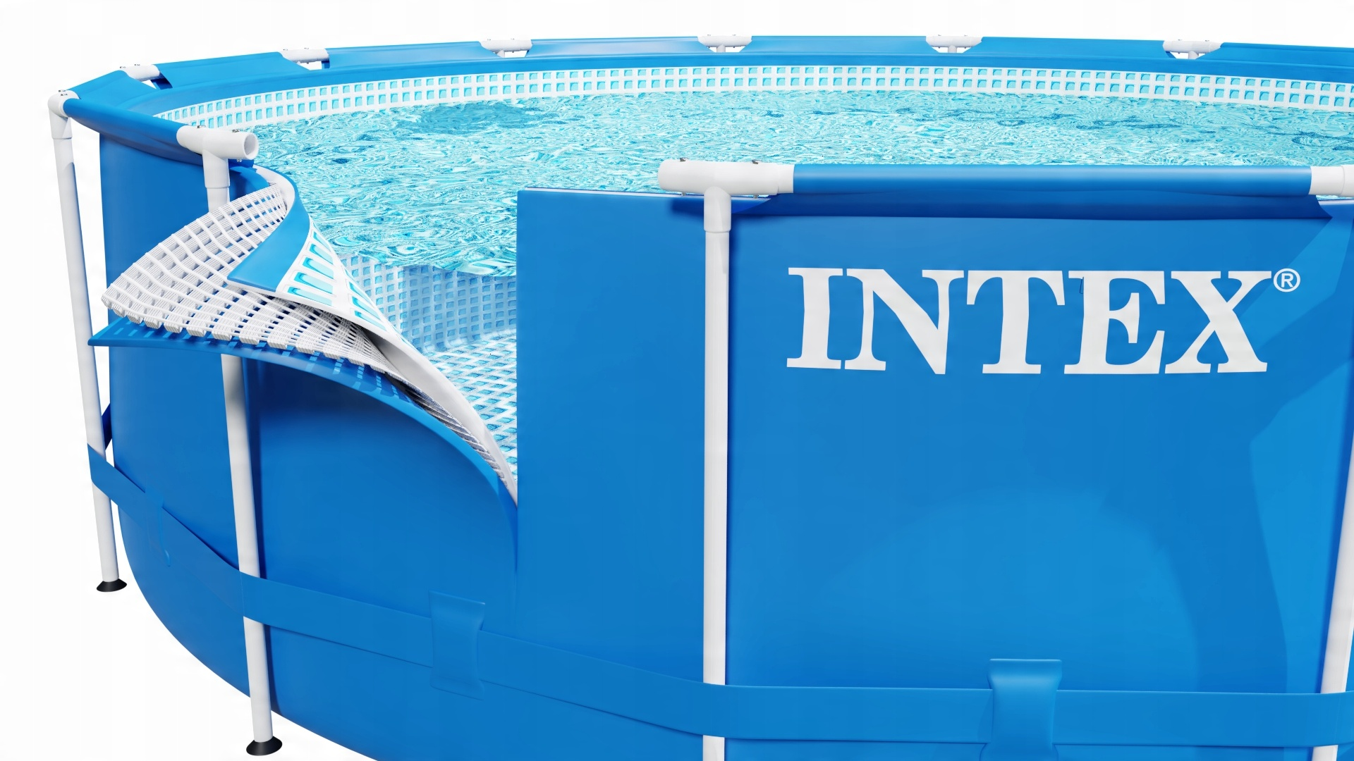 Ein blauer INTEX-Pool mit weißem Rahmen und einer aufgeschnittenen Seite, die das Innenleben zeigt.