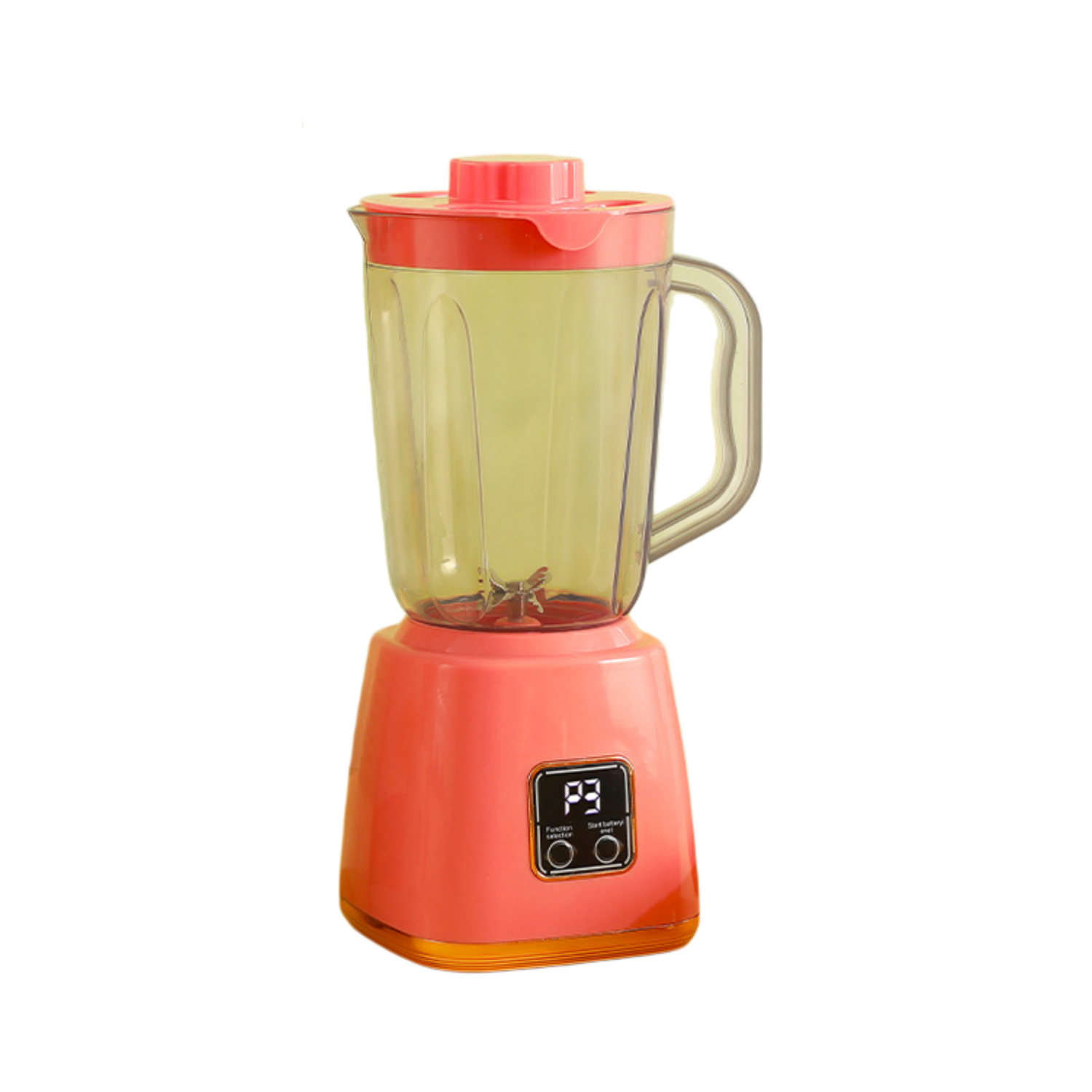 Ein korallenroter Standmixer mit transparentem Krug und rotem Deckel.