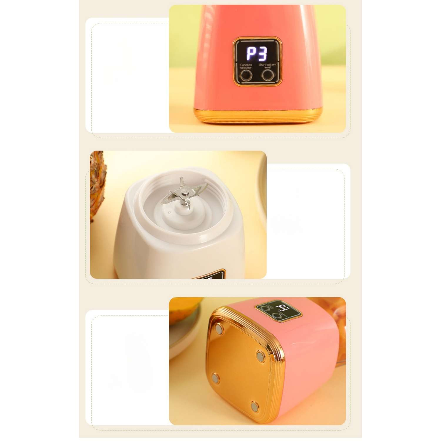 Rosa Mixer mit digitaler Anzeige, Messern und goldenen Akzenten.