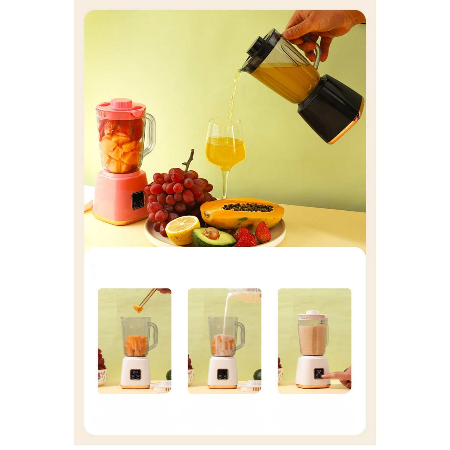 Obst in einem Mixer, der Saft ausgießt, und Schritte zur Zubereitung von Smoothies.