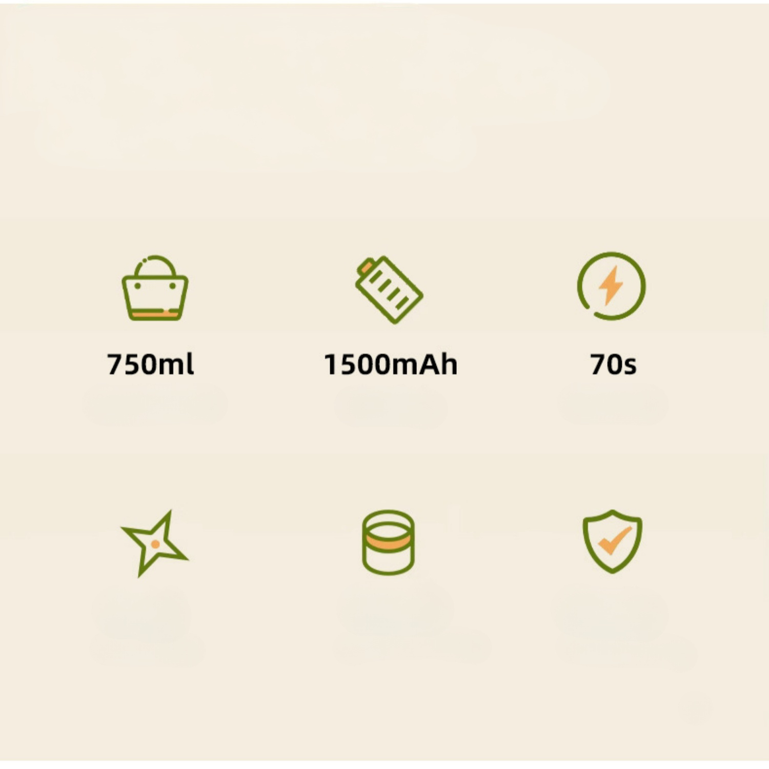 Icons: 750ml Tasche, 1500mAh Akku, 70s, Stern, Rolle, Schild.