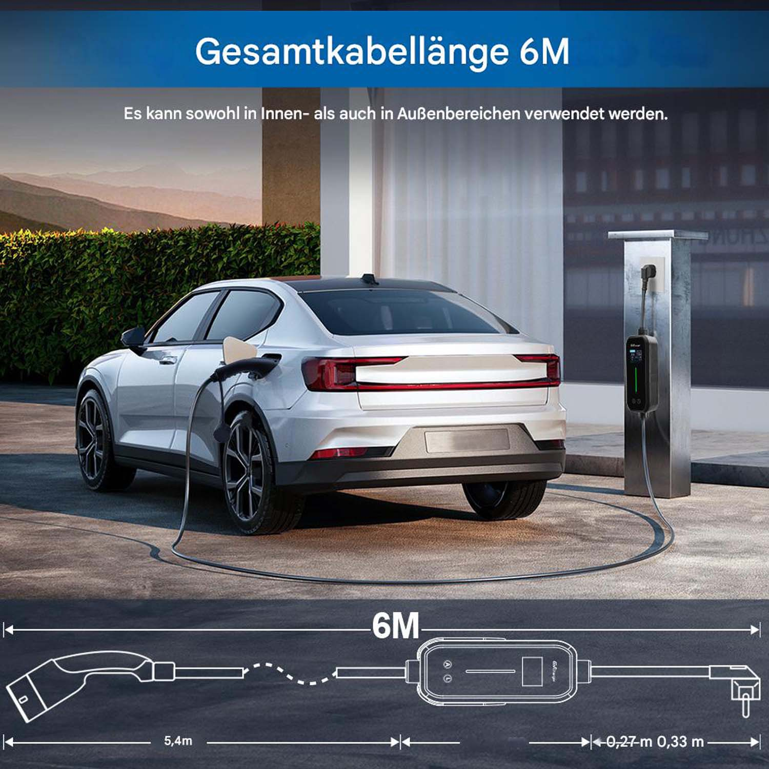 Ein weißes Elektroauto lädt an einer Ladestation. Kabel mit 6m Länge.