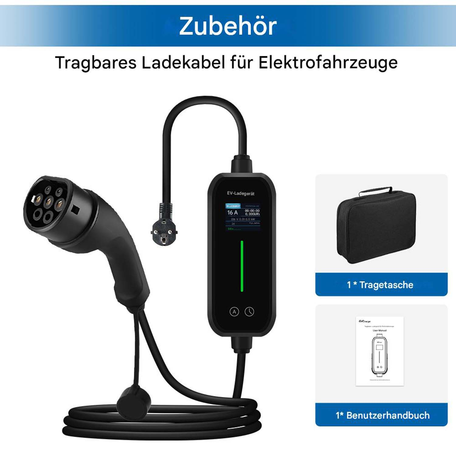 Tragbares EV-Ladekabel mit Ladegerät, Tasche und Handbuch.