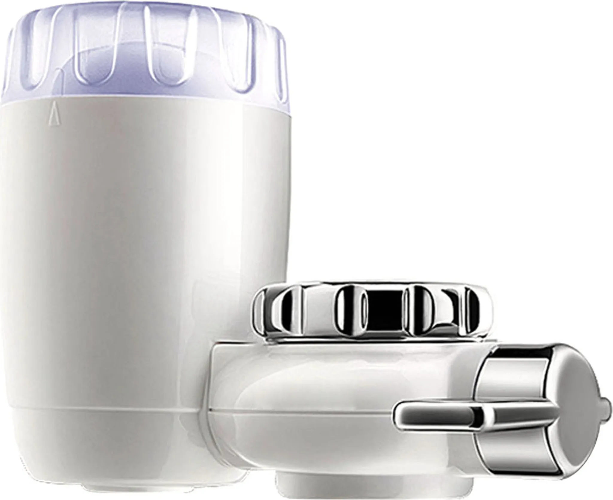Ein weißer Wasserfilter mit transparentem Deckel und Chromdetails.