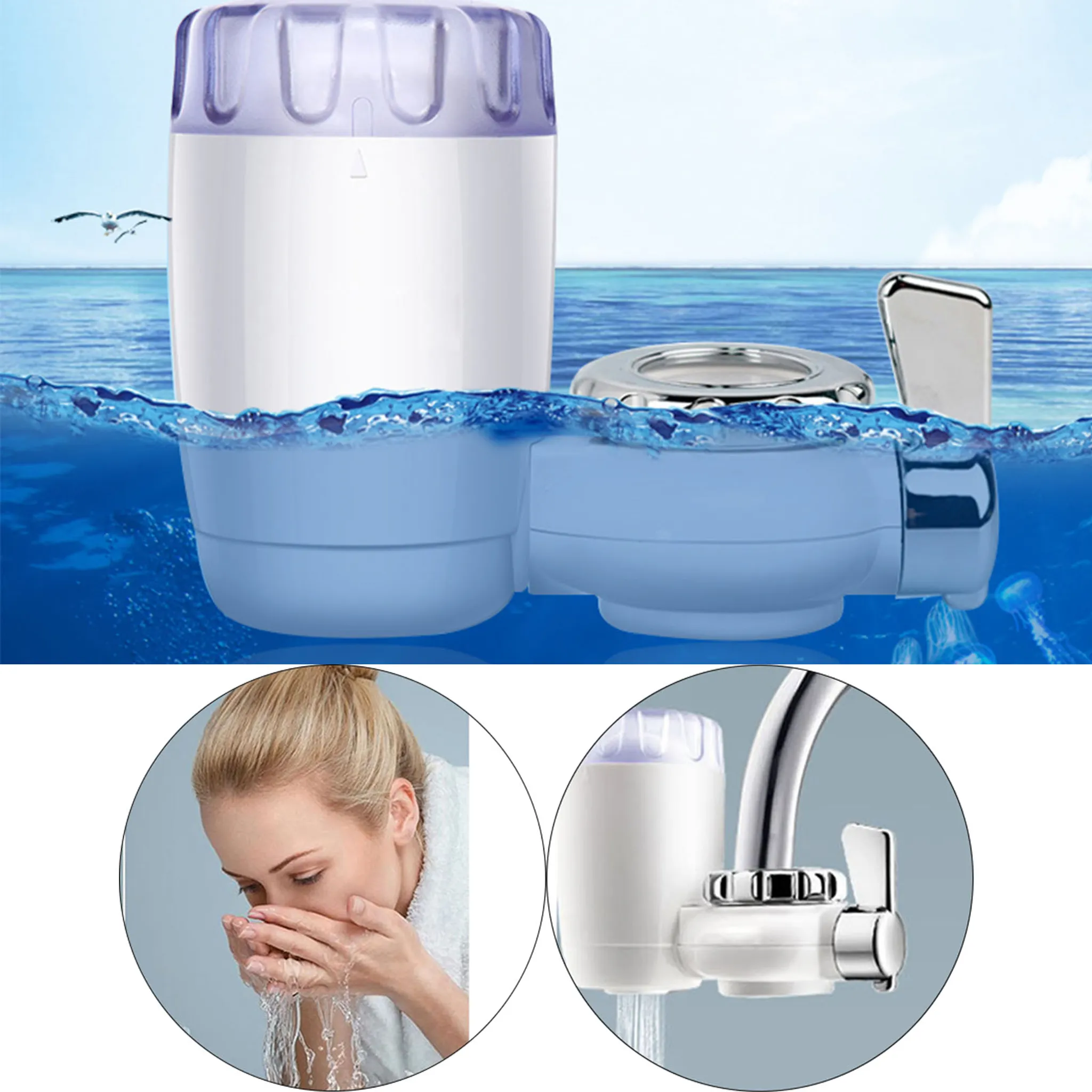 Wasserfilter für Wasserhahn, ein Mann wäscht sich das Gesicht im Oval.