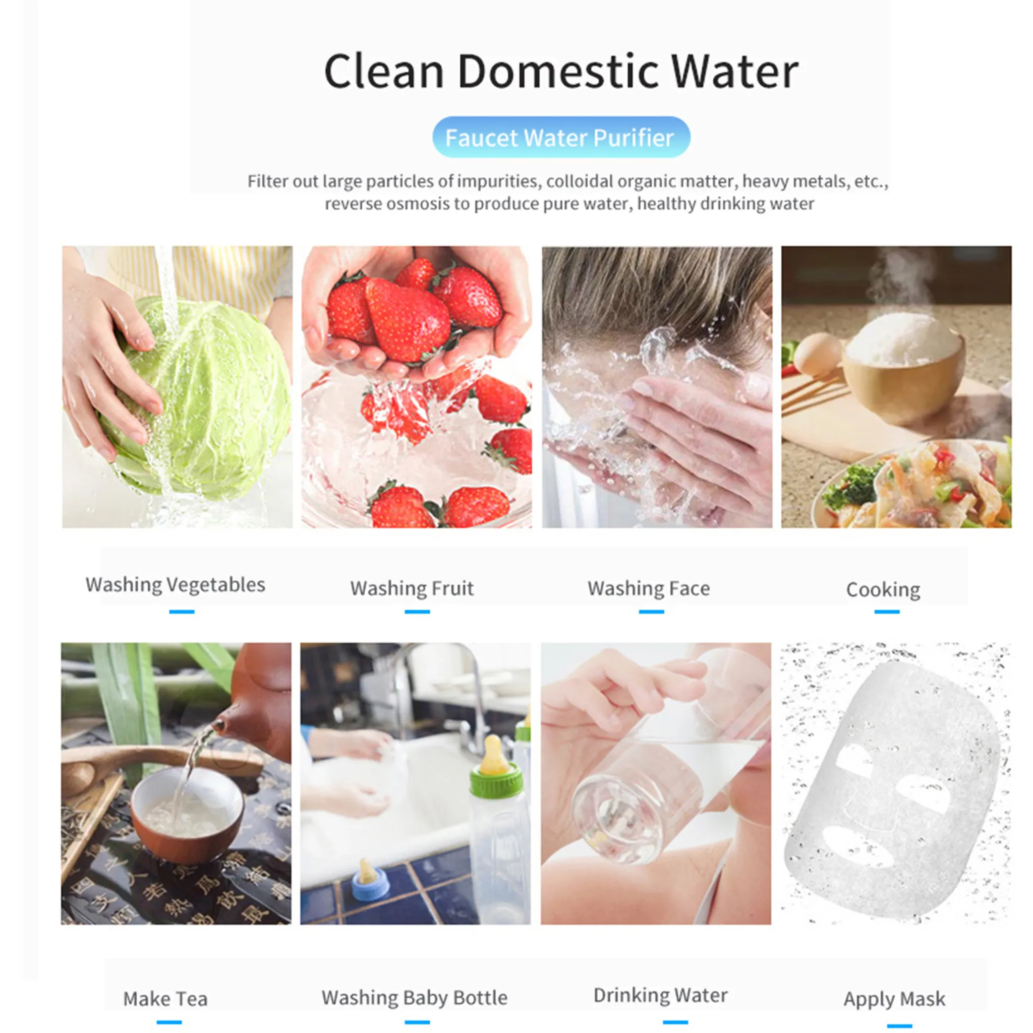 Bilder zeigen das Waschen von Gemüse, Obst, Gesicht, Kochen, Tee machen, Flasche waschen, Wasser trinken.