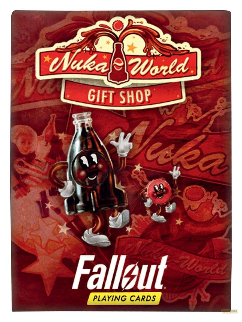 Nuka World Gift Shop: Fallout Spielkarten mit Nuka-Cola-Figuren und Sternen auf rotem Hintergrund.