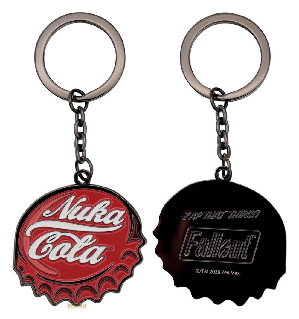 Zwei Nuka-Cola Fallout Schlüsselanhänger. Eine rote Kappe mit Logo, eine schwarze mit Text.