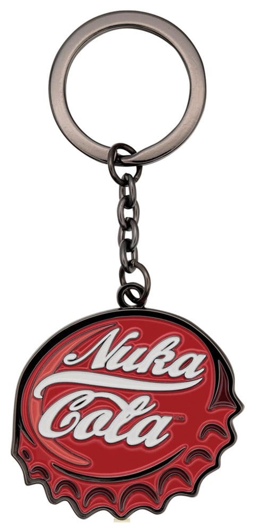 Ein Schlüsselanhänger mit einem roten Nuka-Cola-Flaschendeckel-Anhänger.