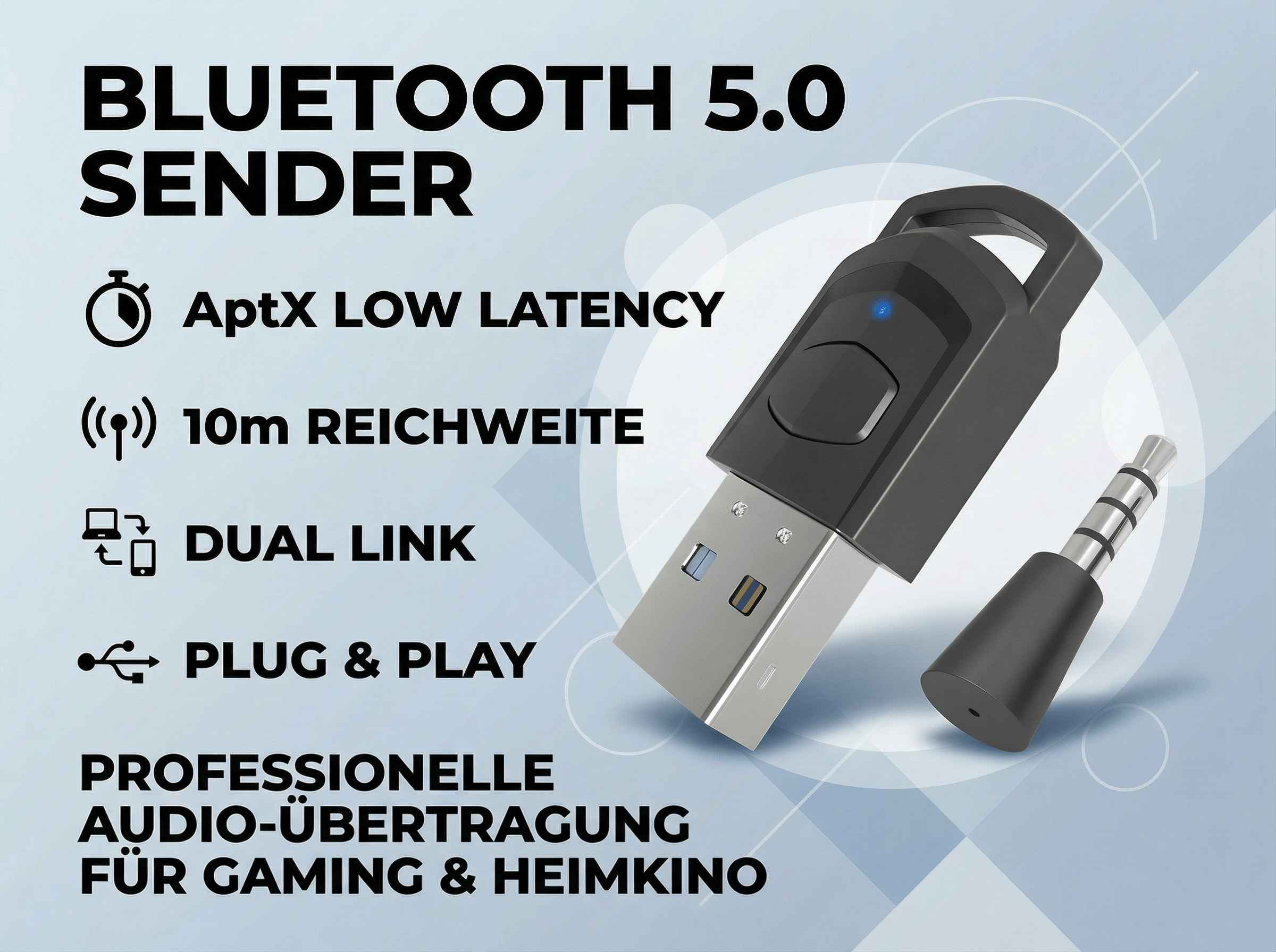 Bluetooth 5.0 Sender mit AptX, 10m Reichweite, Dual Link, Plug & Play.