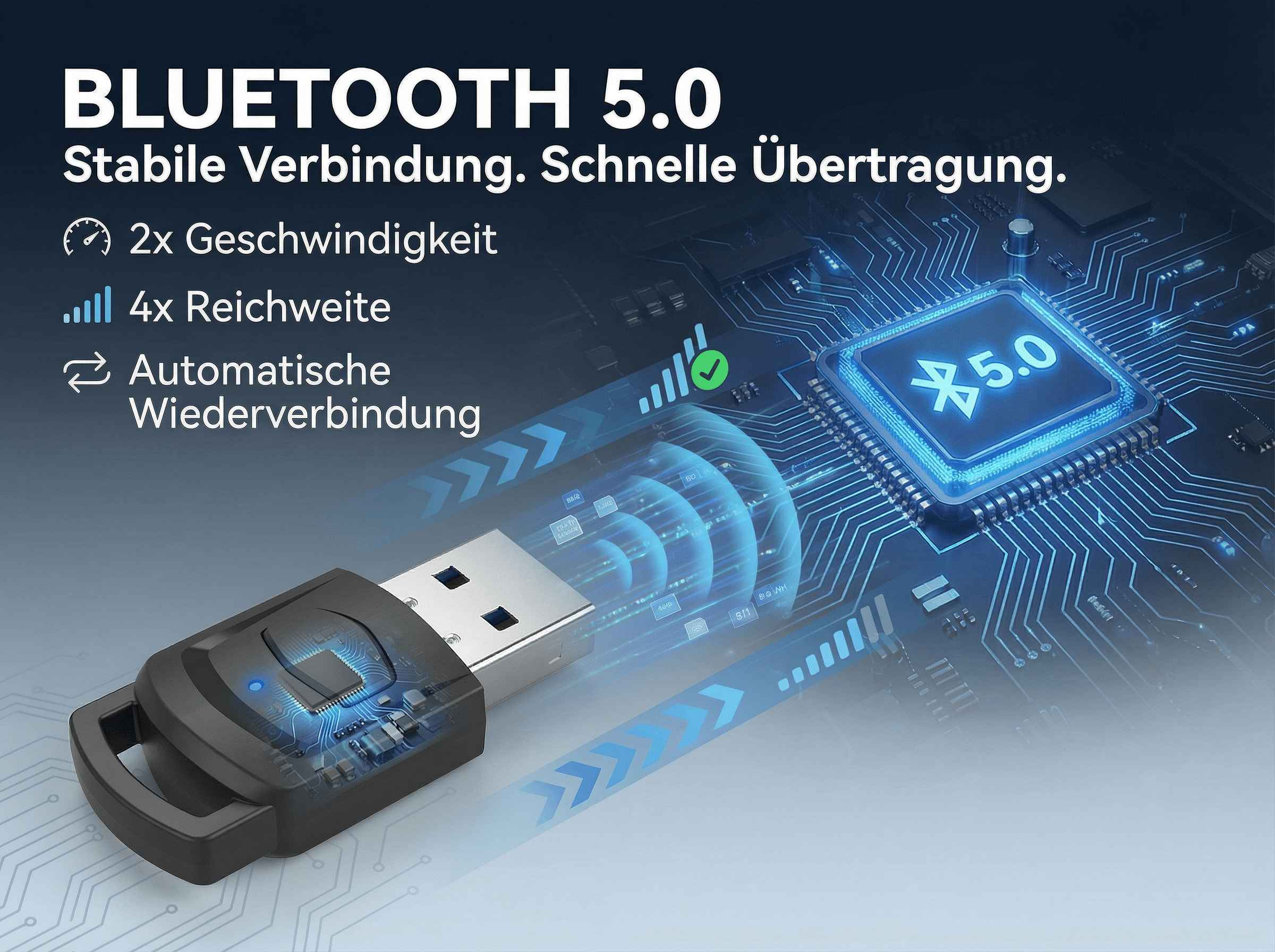 Bluetooth 5.0 USB-Adapter mit Chip und Textanzeige.